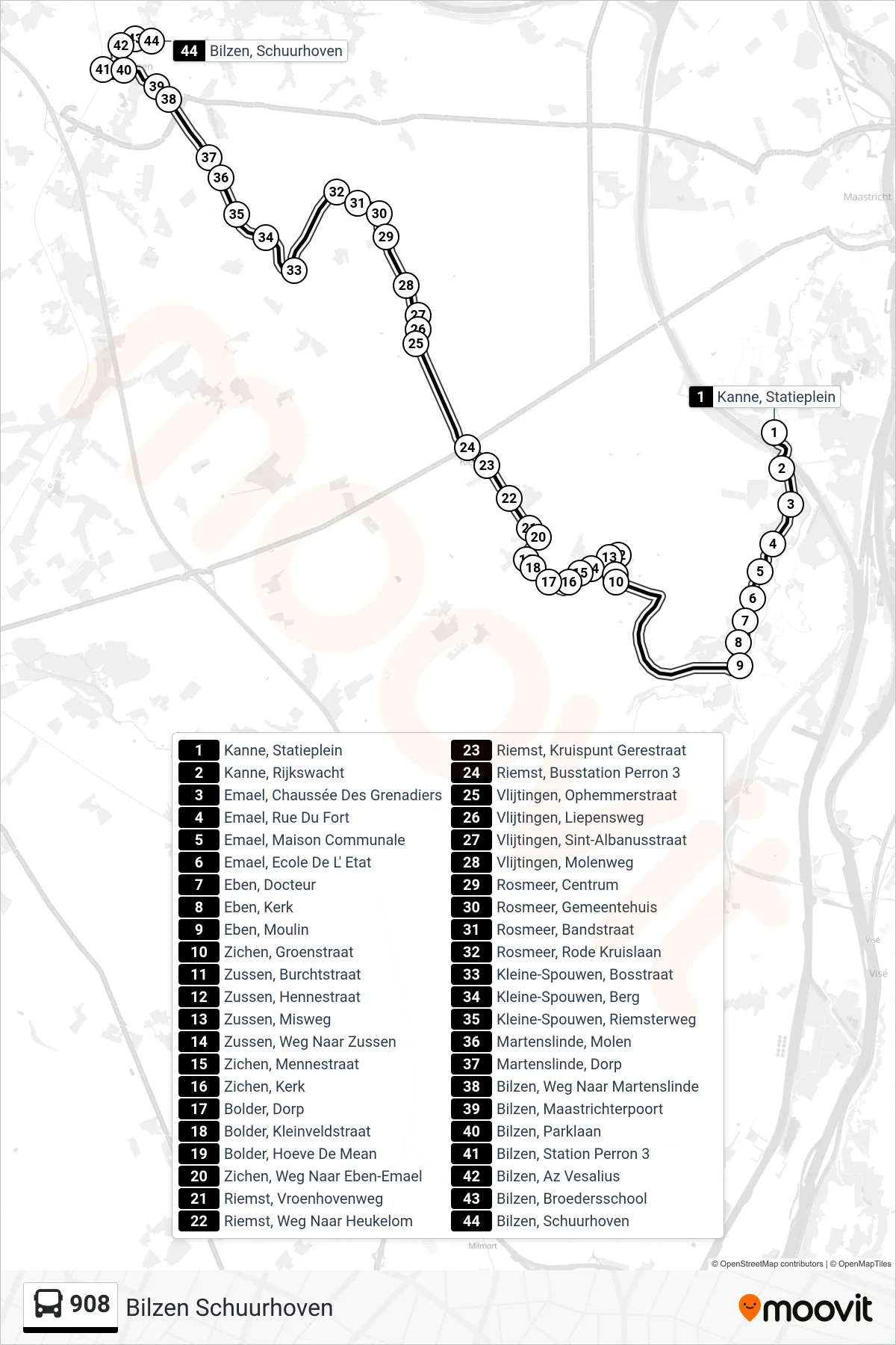 Lijn 908 (bus, Bilzen Schuurhoven): route en haltes op de kaart