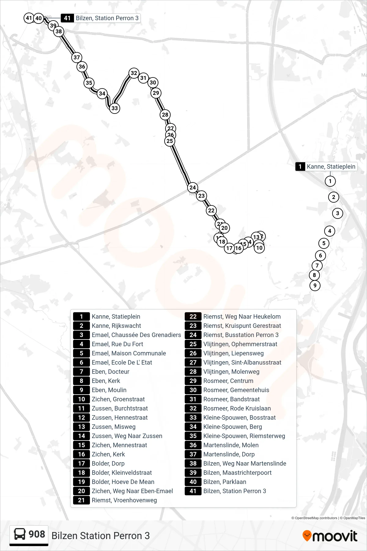 908 bus Line (Bilzen Station Perron 3) route and stops on a map