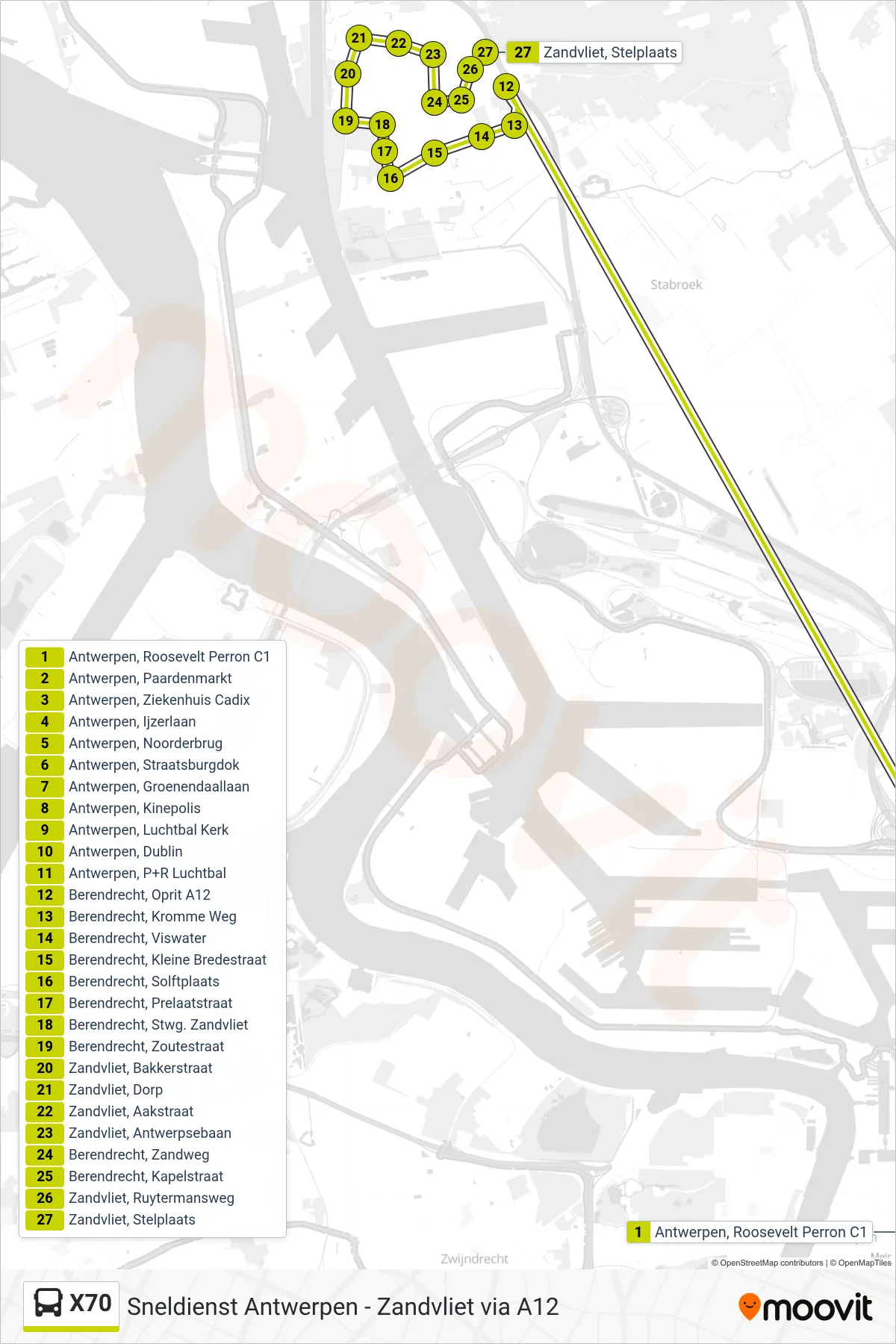Lijn X70 (bus, Zandvliet Stelplaats): route en haltes op de kaart