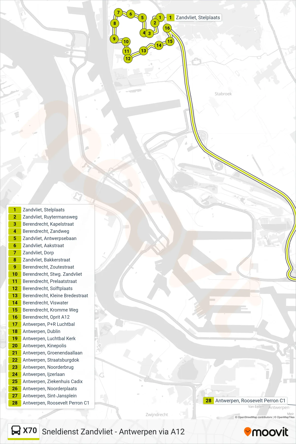 Lijn X70 (bus, Antwerpen Roosevelt Perron C1): route en haltes op de kaart