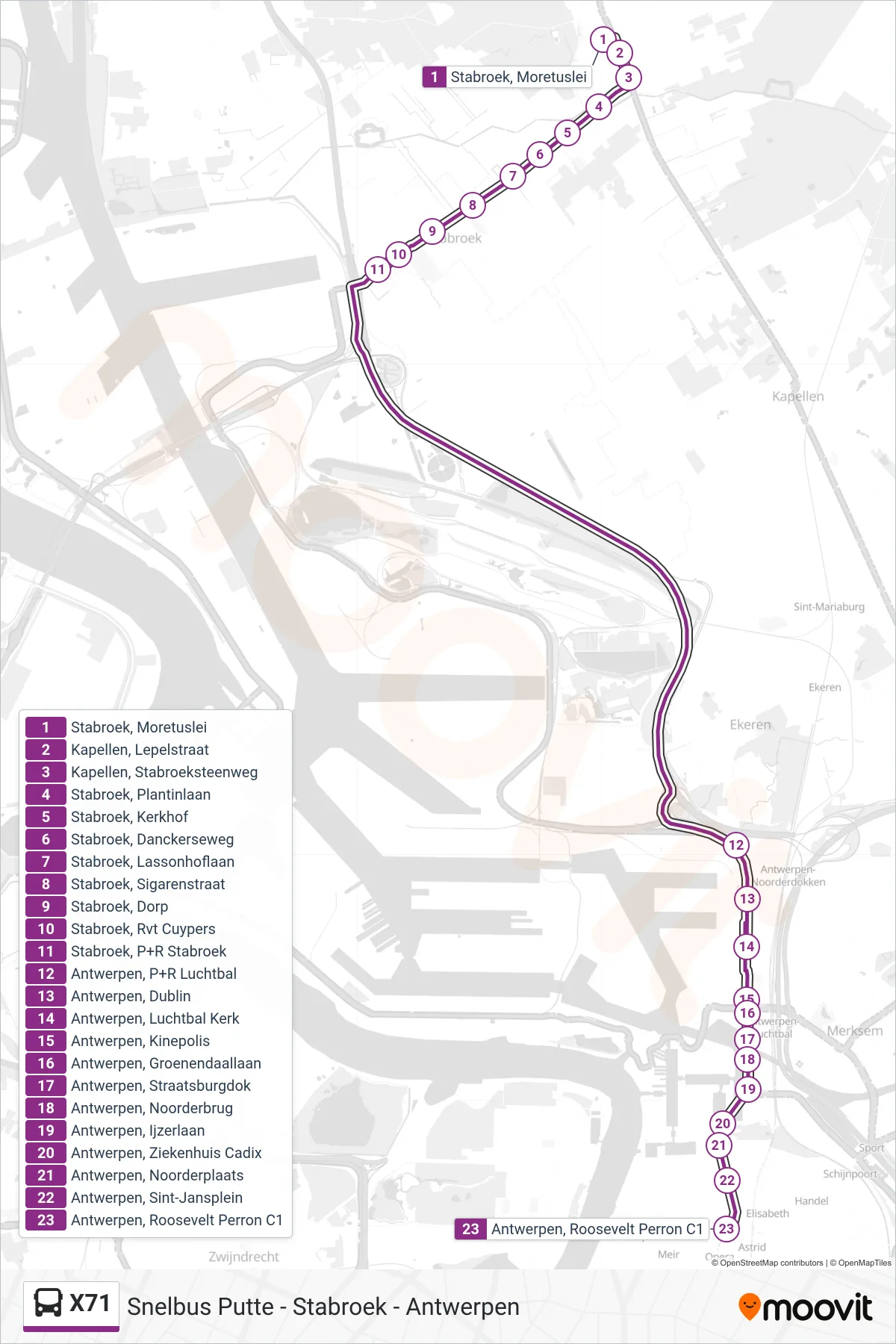 Lijn X71 (bus, Antwerpen Roosevelt Perron C1): route en haltes op de kaart