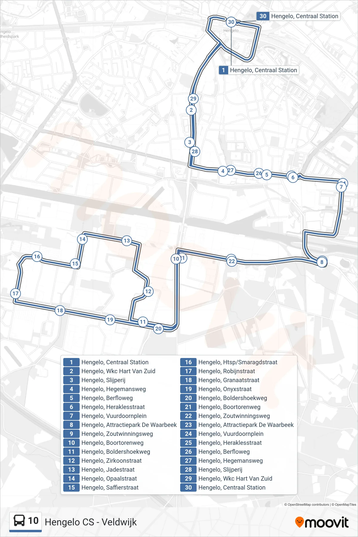 Lijn 10 (bus, Twentekanaal-Zuid): route en haltes op de kaart