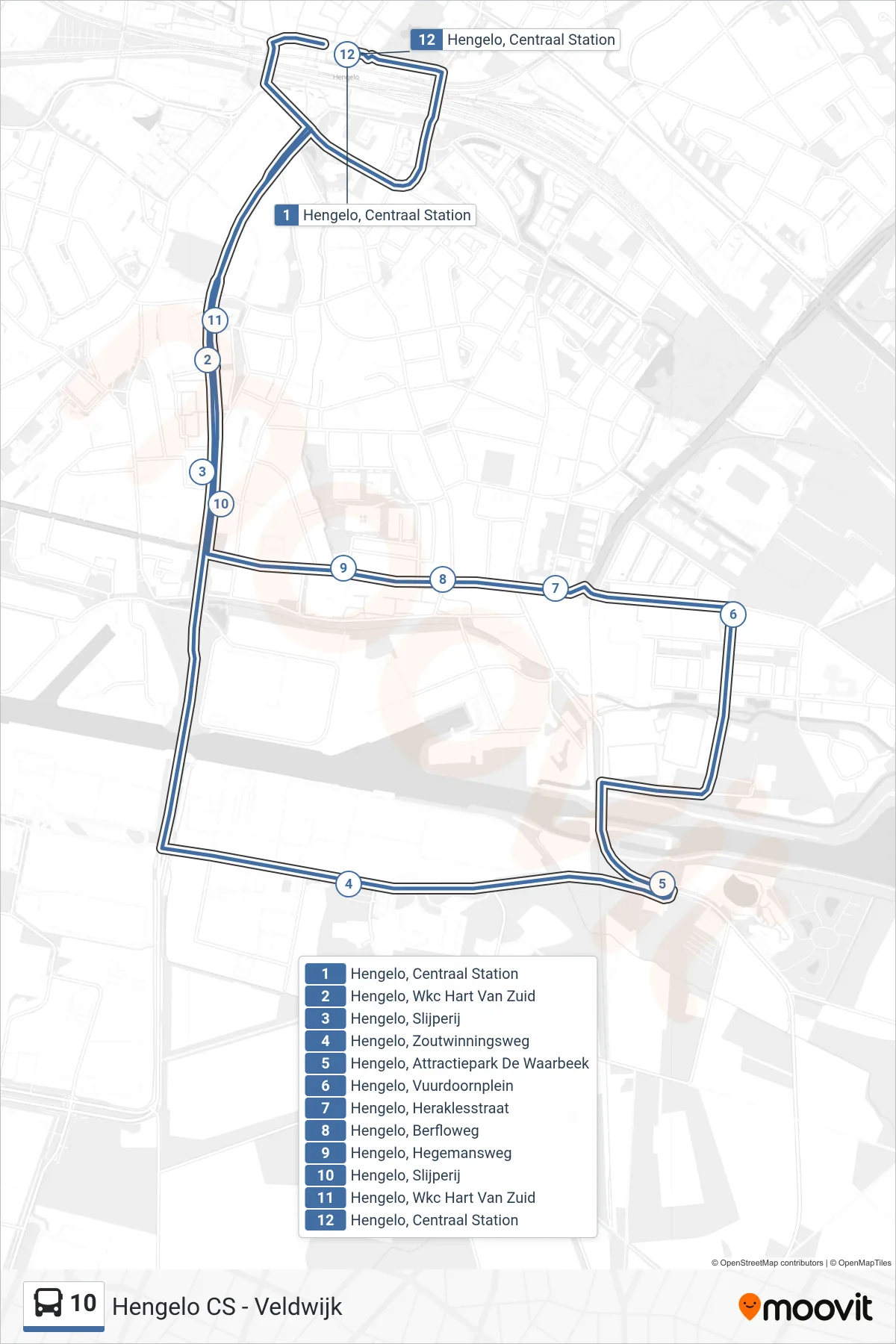 10 bus Line (Veldwijk) route and stops on a map