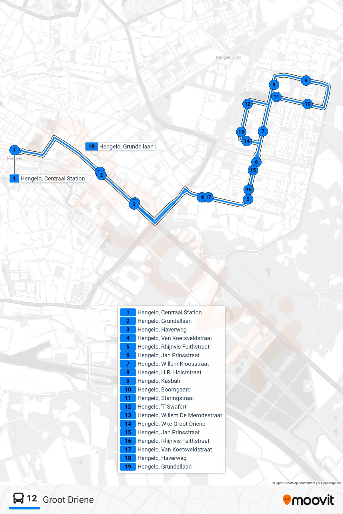 Lijn 12 (bus, Groot Driene): route en haltes op de kaart