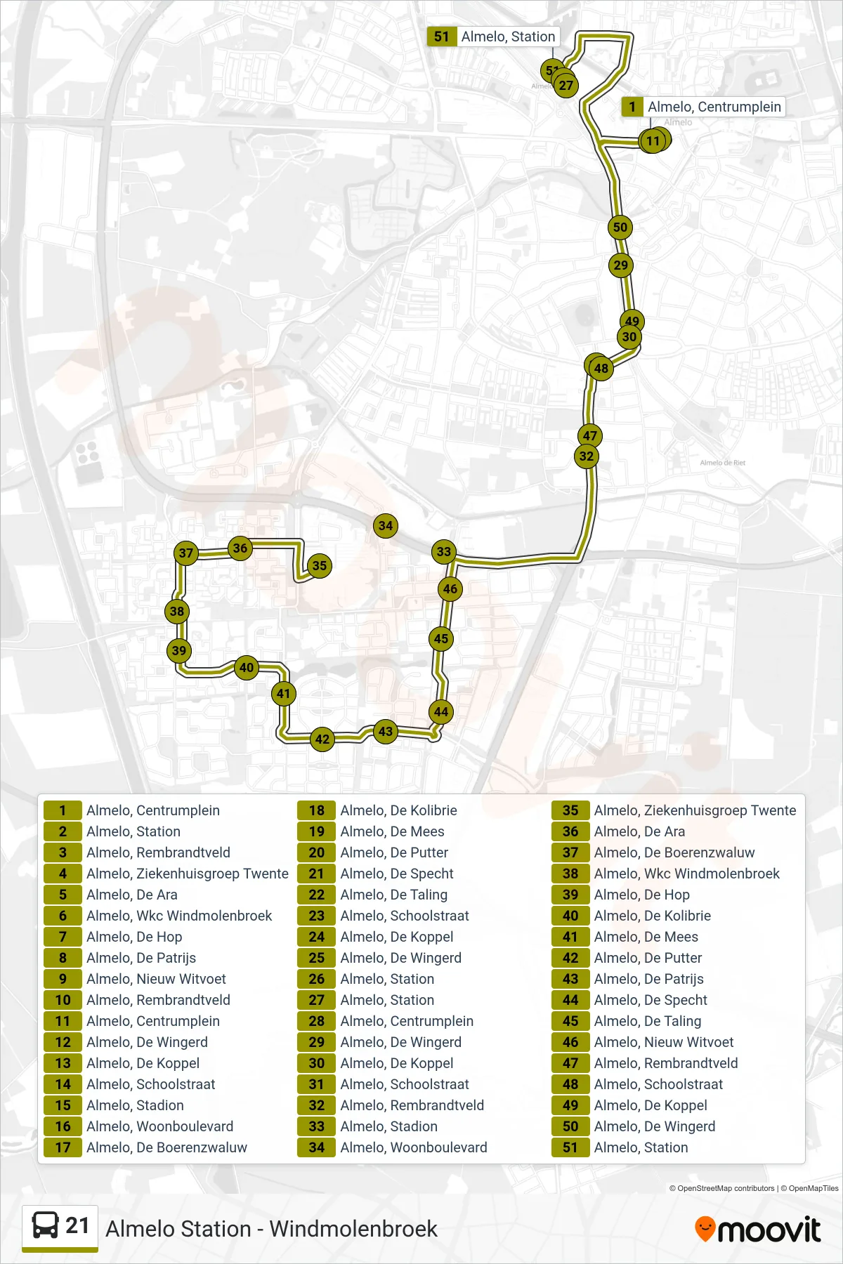 Lijn 21 (bus, Windmolenbroek): route en haltes op de kaart