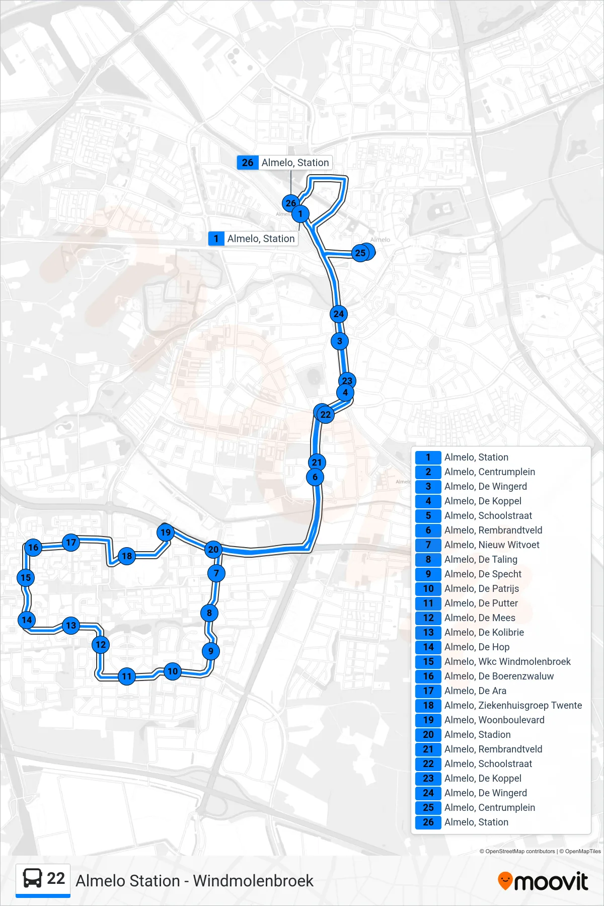 Lijn 22 (bus, Windmolenbroek): route en haltes op de kaart