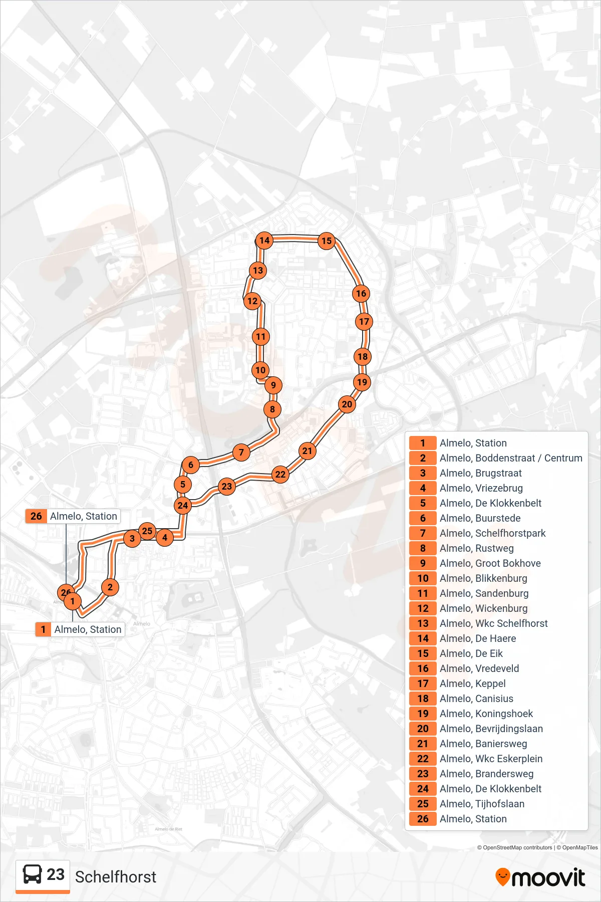 Lijn 23 (bus, Schelfhorst): route en haltes op de kaart