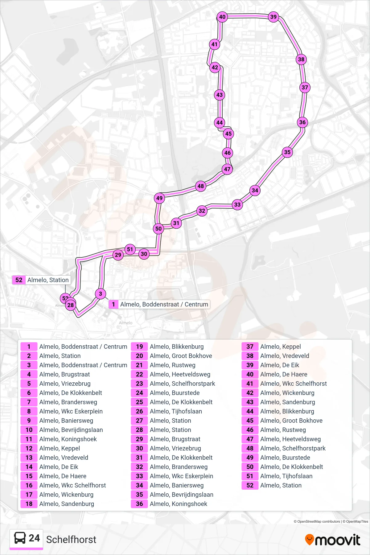 Lijn 24 (bus, Schelfhorst): route en haltes op de kaart