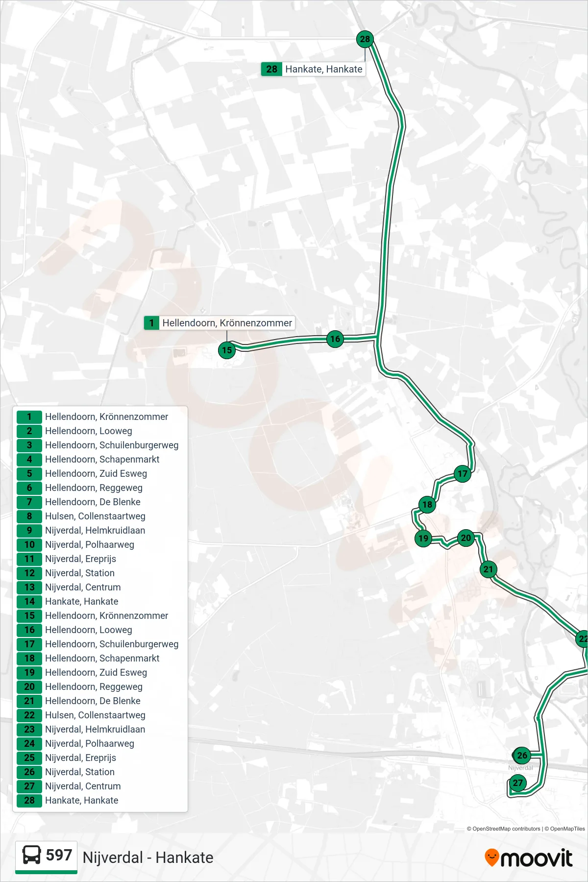 Lijn 597 (bus, Nijverdal): route en haltes op de kaart