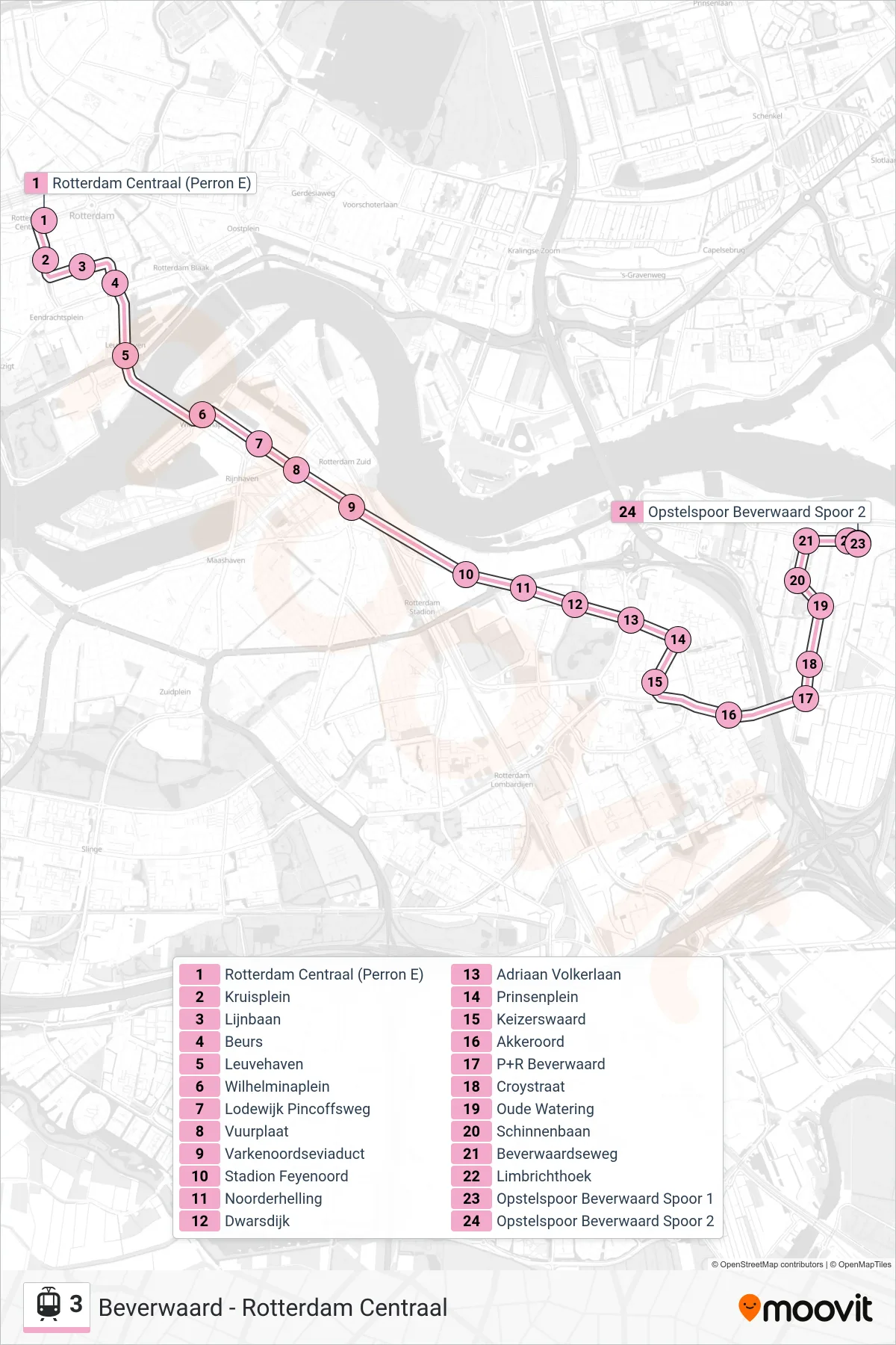Linie 3 (Tram) Richtung Beverwaard: Route und Haltestellen auf der Karte