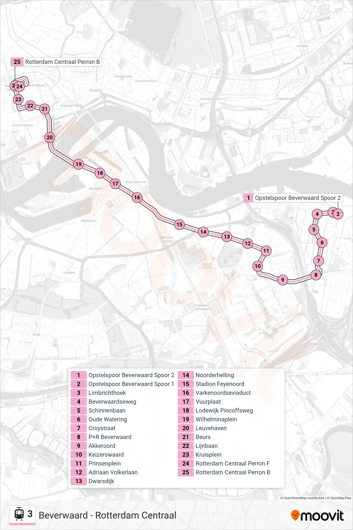 Lijn 3 (tram, Rotterdam Centraal): route en haltes op de kaart