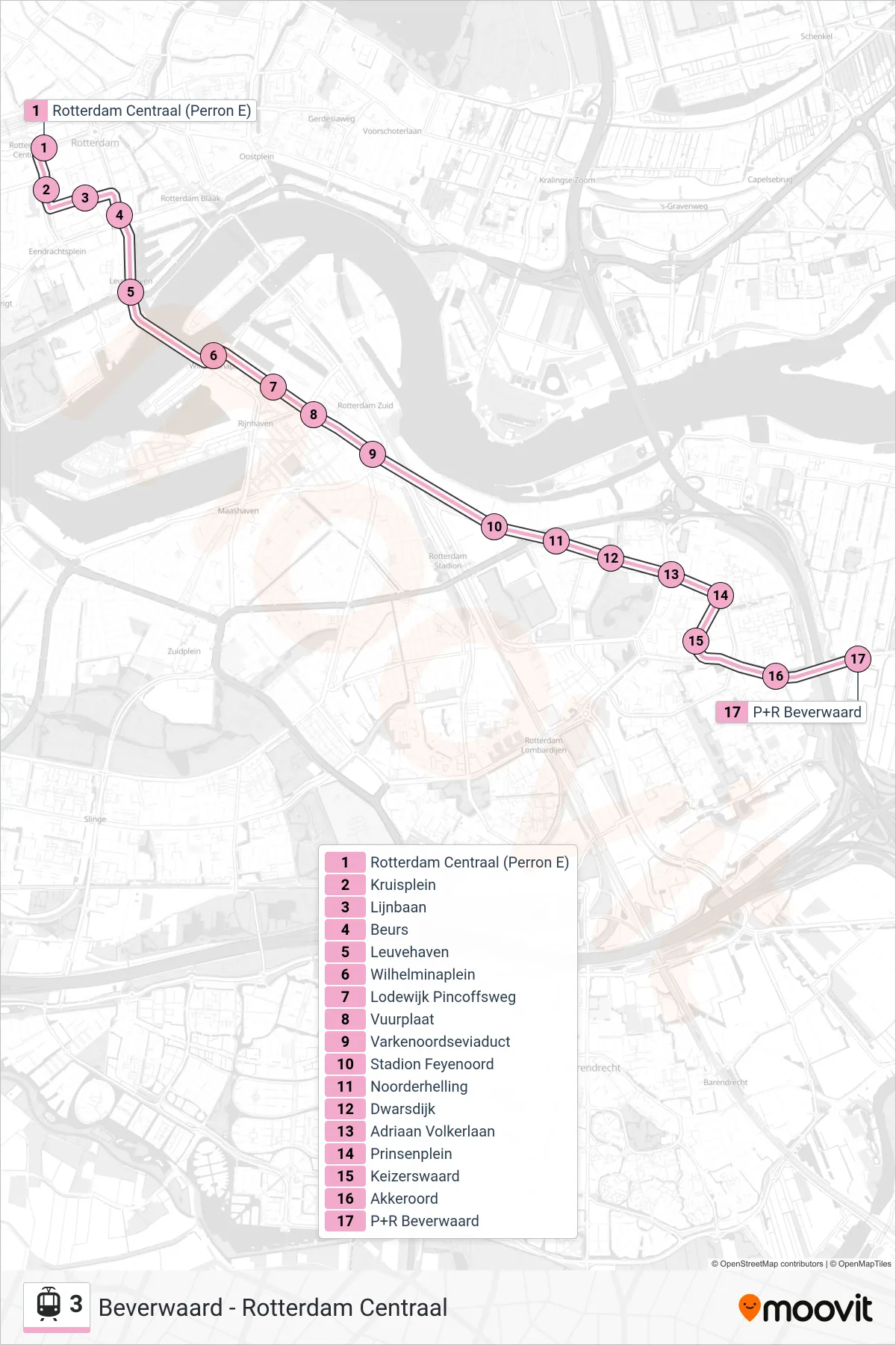 Lijn 3 (tram, P+R Beverwaard): route en haltes op de kaart