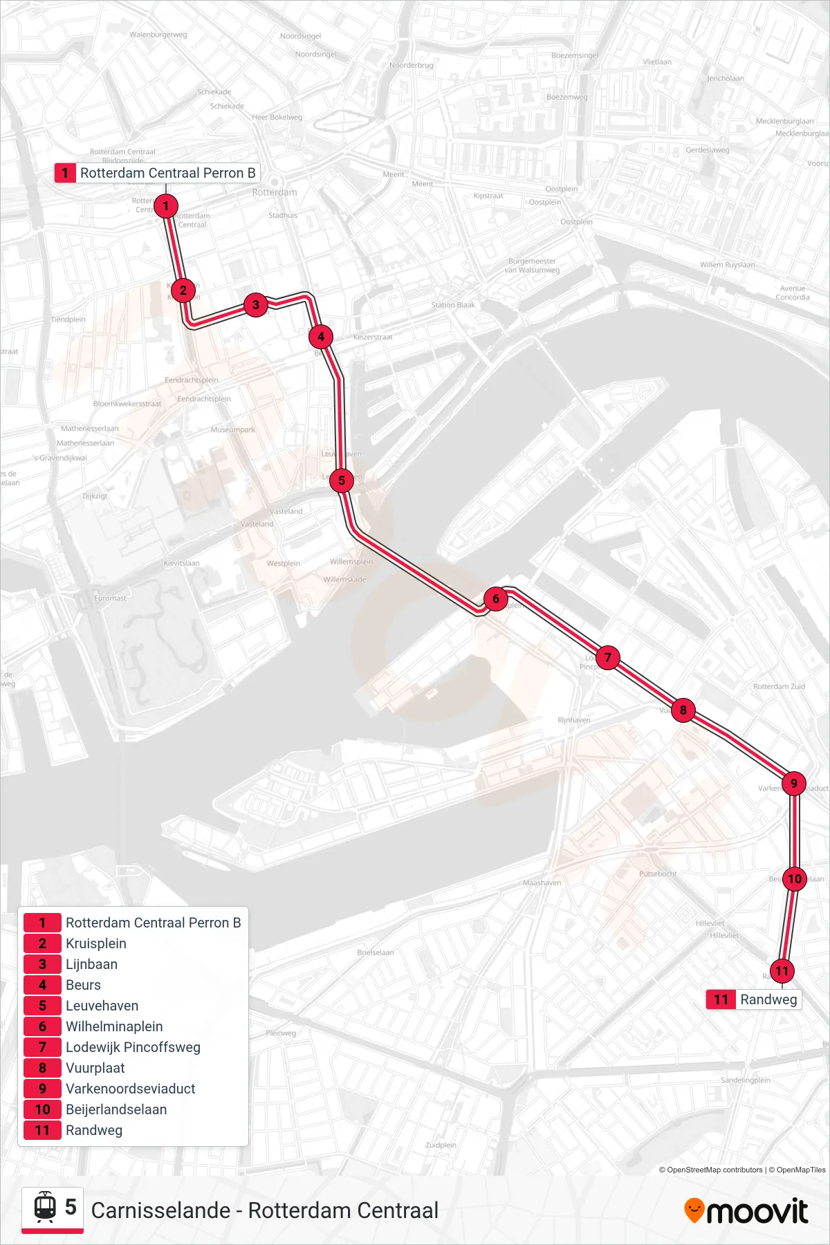5 light rail Line (Randweg) route and stops on a map