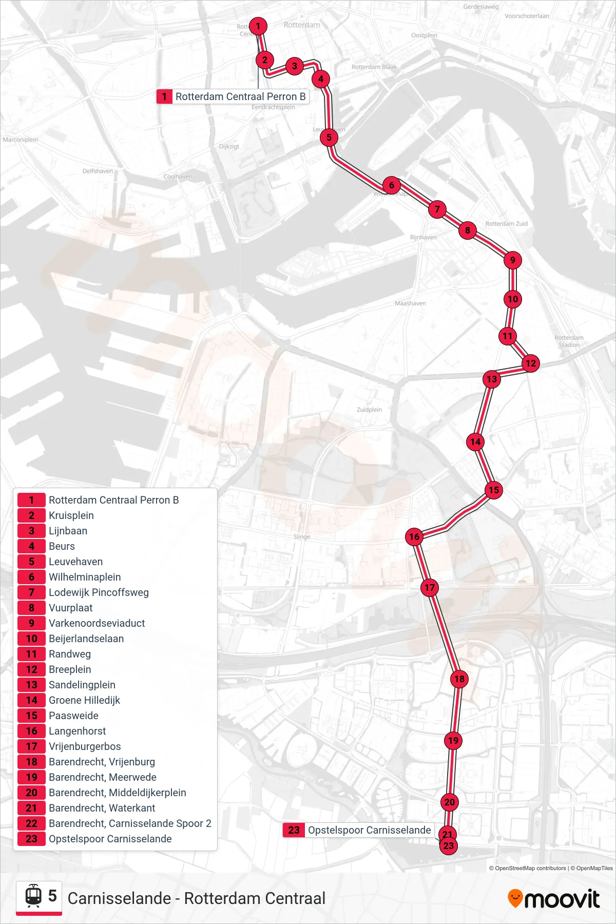 5 light rail Line (Carnisselande) route and stops on a map