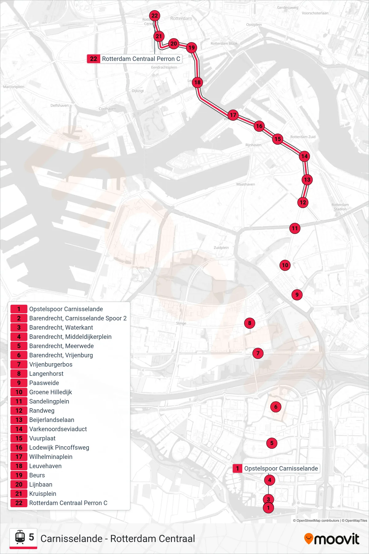 Lijn 5 (tram, Rotterdam Centraal): route en haltes op de kaart