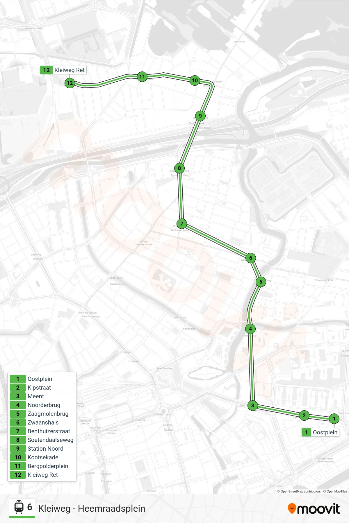 6 light rail Line (Kleiweg) route and stops on a map