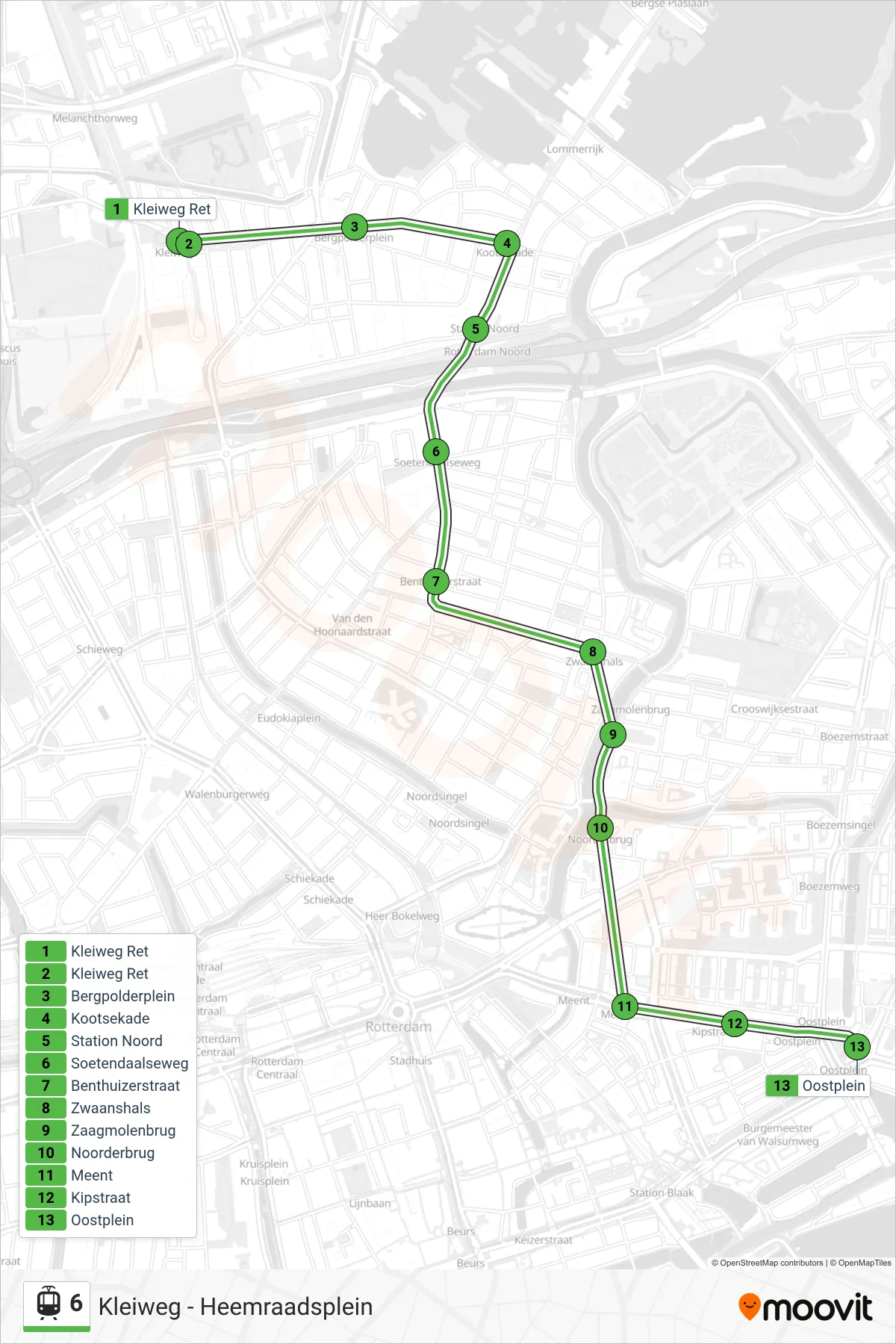 Lijn 6 (tram, Oostplein): route en haltes op de kaart