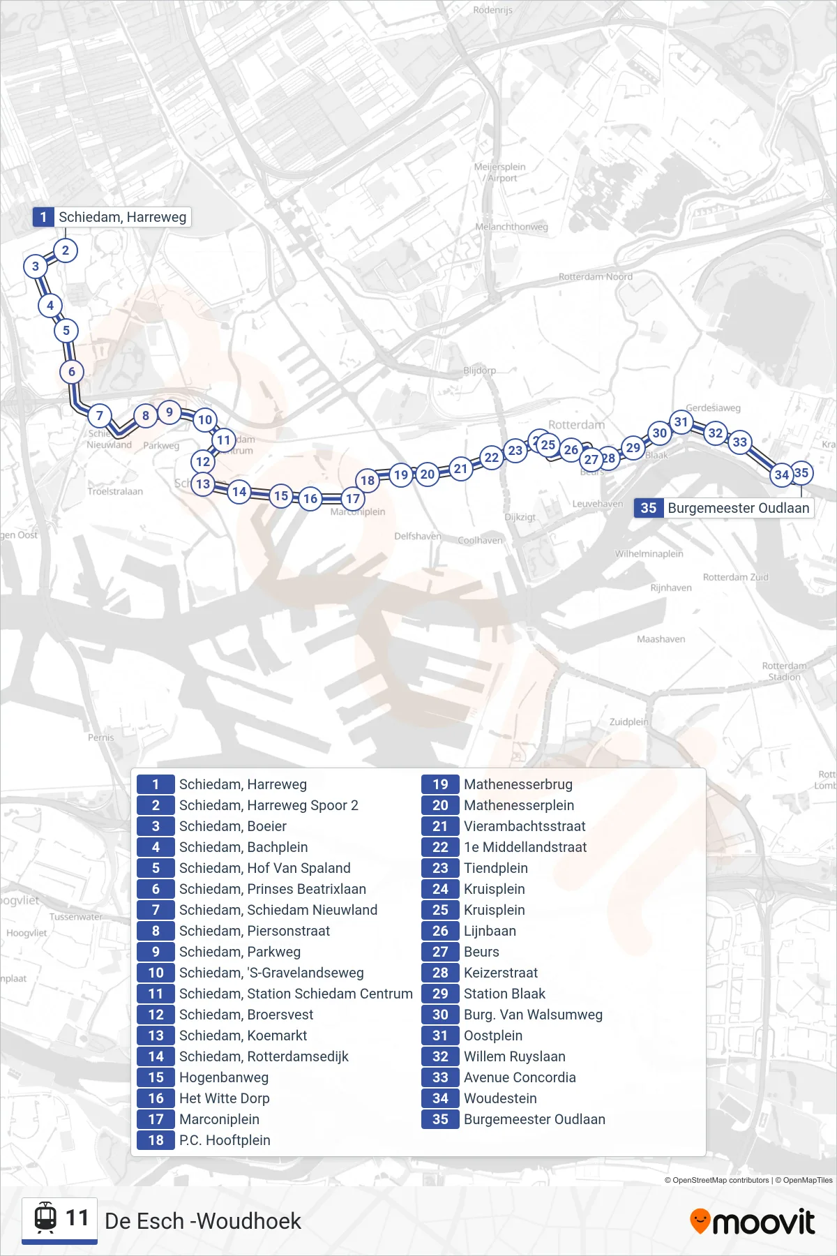 Lijn 11 (tram, Woudestein): route en haltes op de kaart