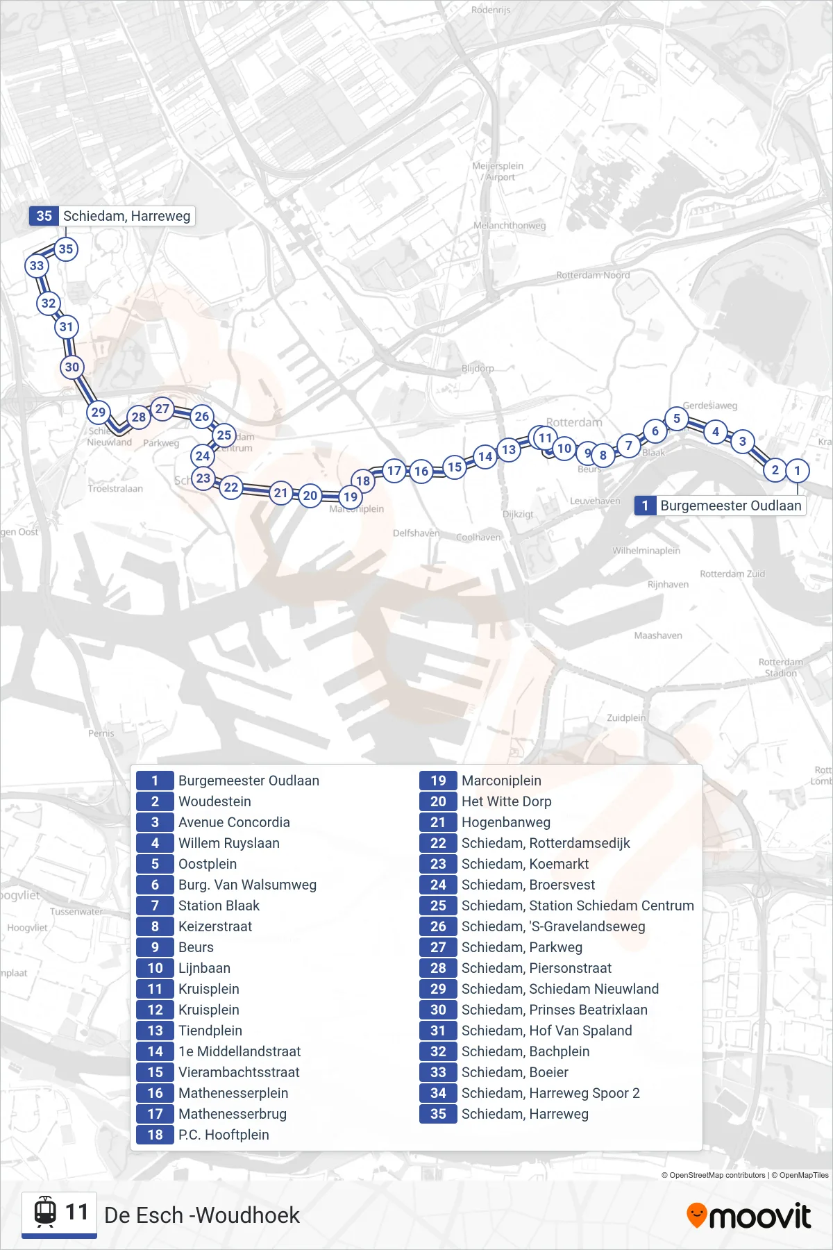 Lijn 11 (tram, Woudhoek): route en haltes op de kaart