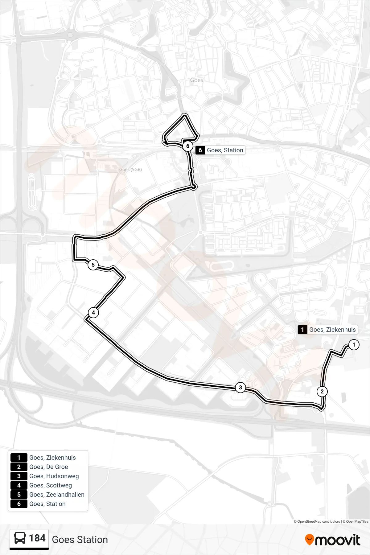 Lijn 184 (bus, Goes Station): route en haltes op de kaart