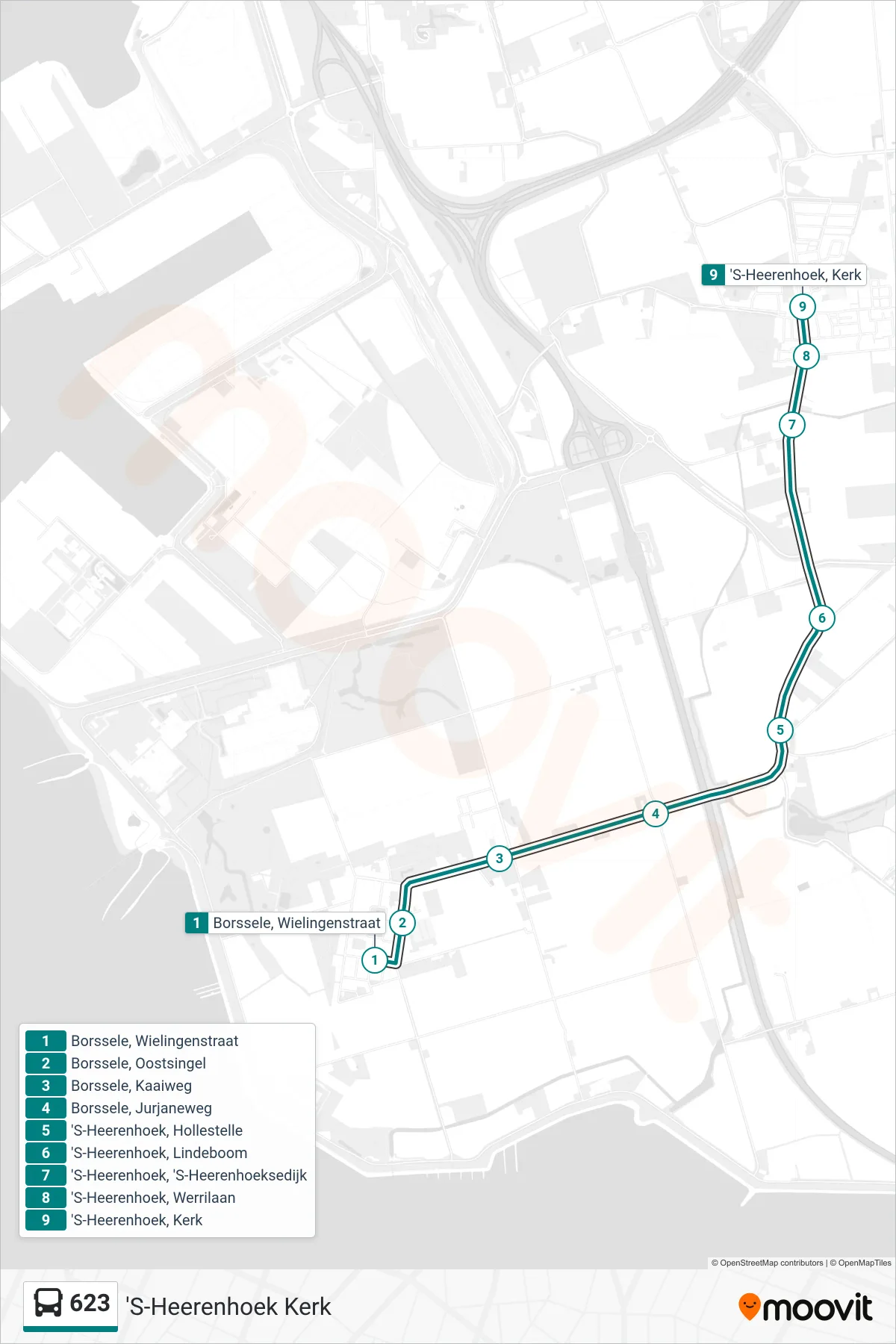 Lijn 623 (bus, 'S-Heerenhoek Kerk): route en haltes op de kaart