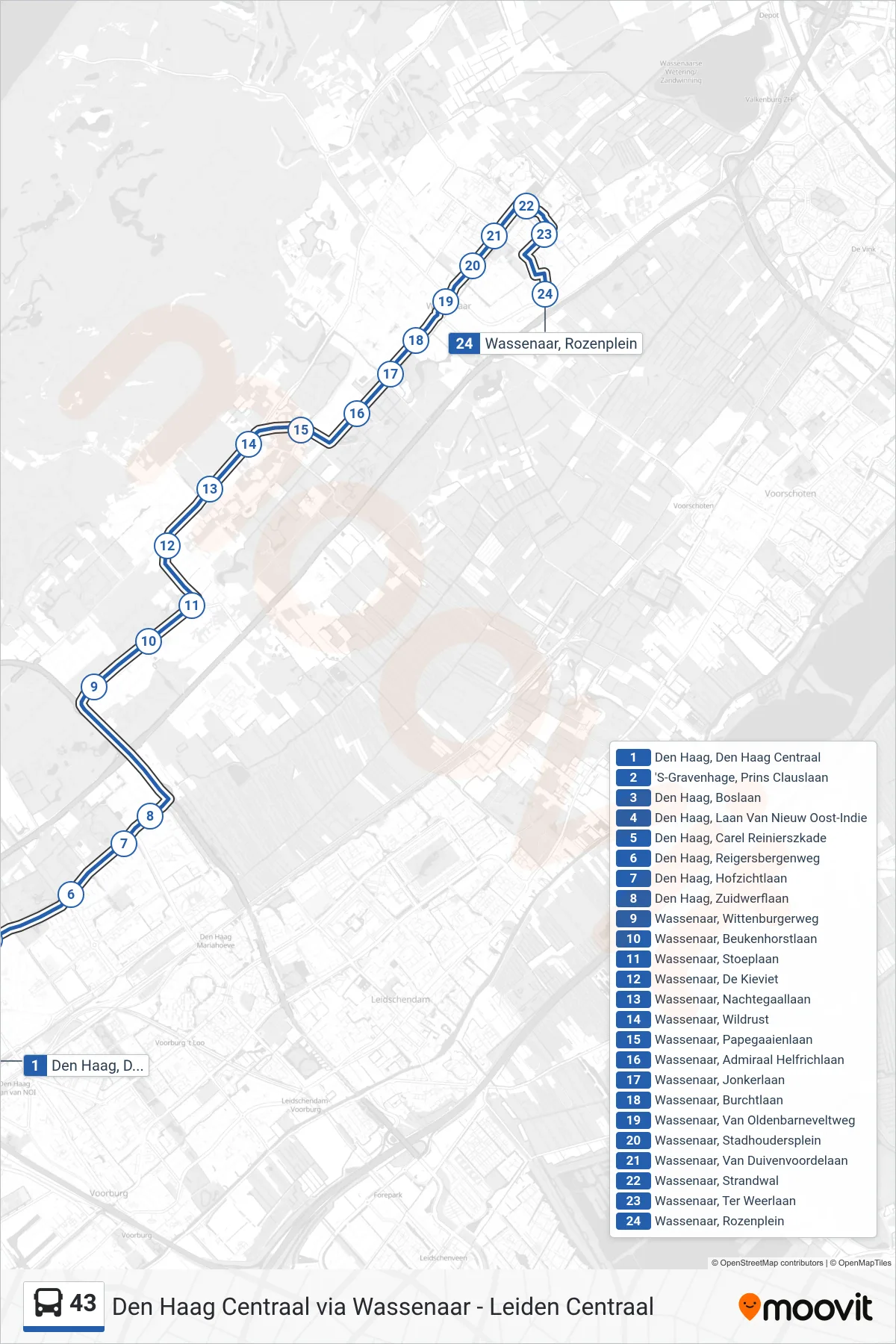 Lijn 43 (bus, Wassenaar): route en haltes op de kaart