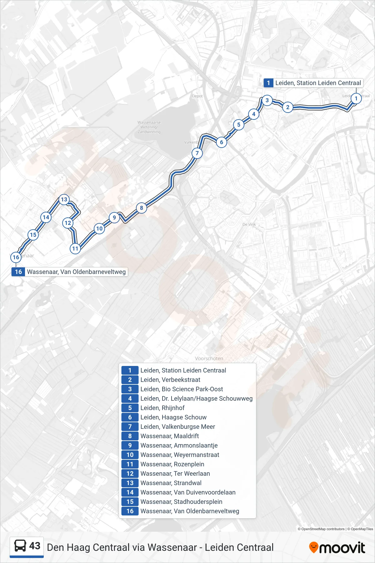 Lijn 43 (bus, Wassenaar): route en haltes op de kaart