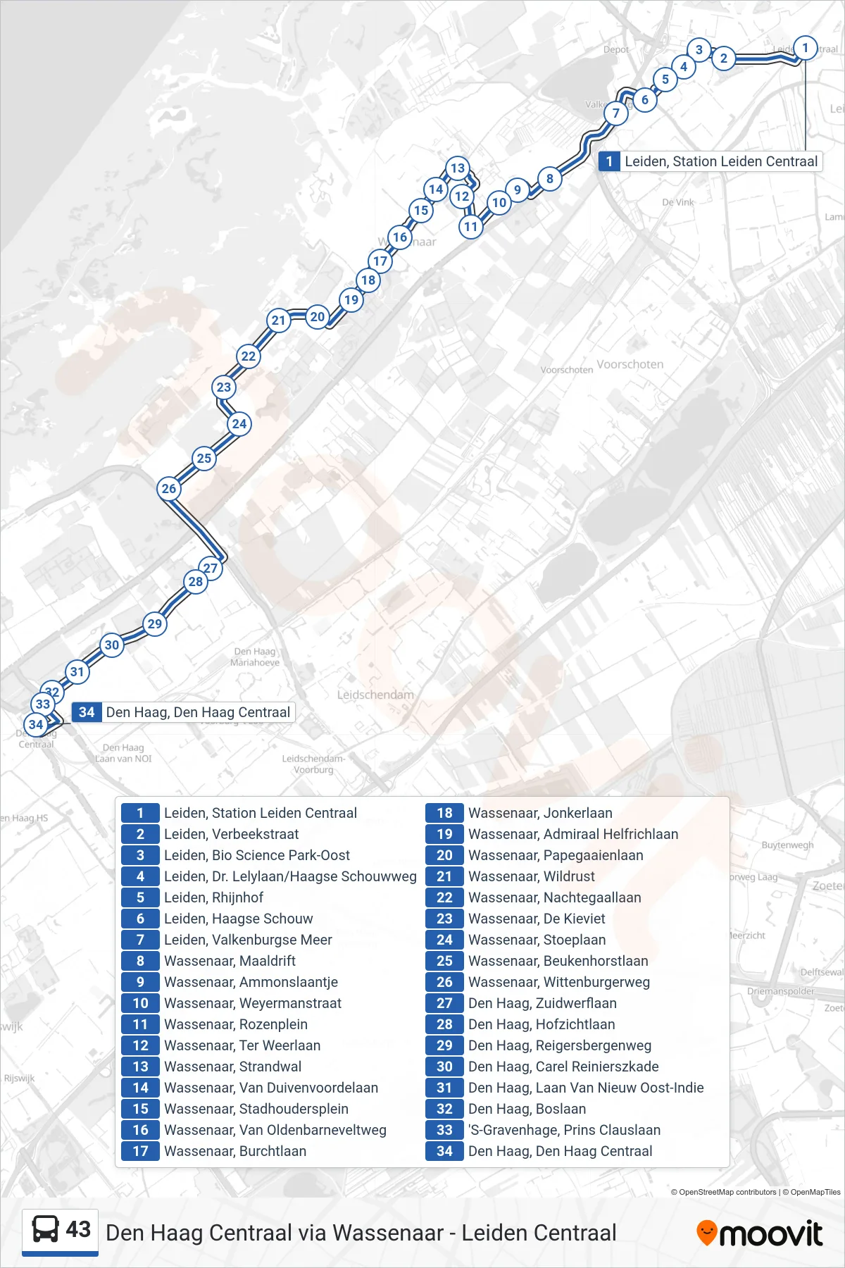 Lijn 43 (bus, Den Haag Centraal): route en haltes op de kaart