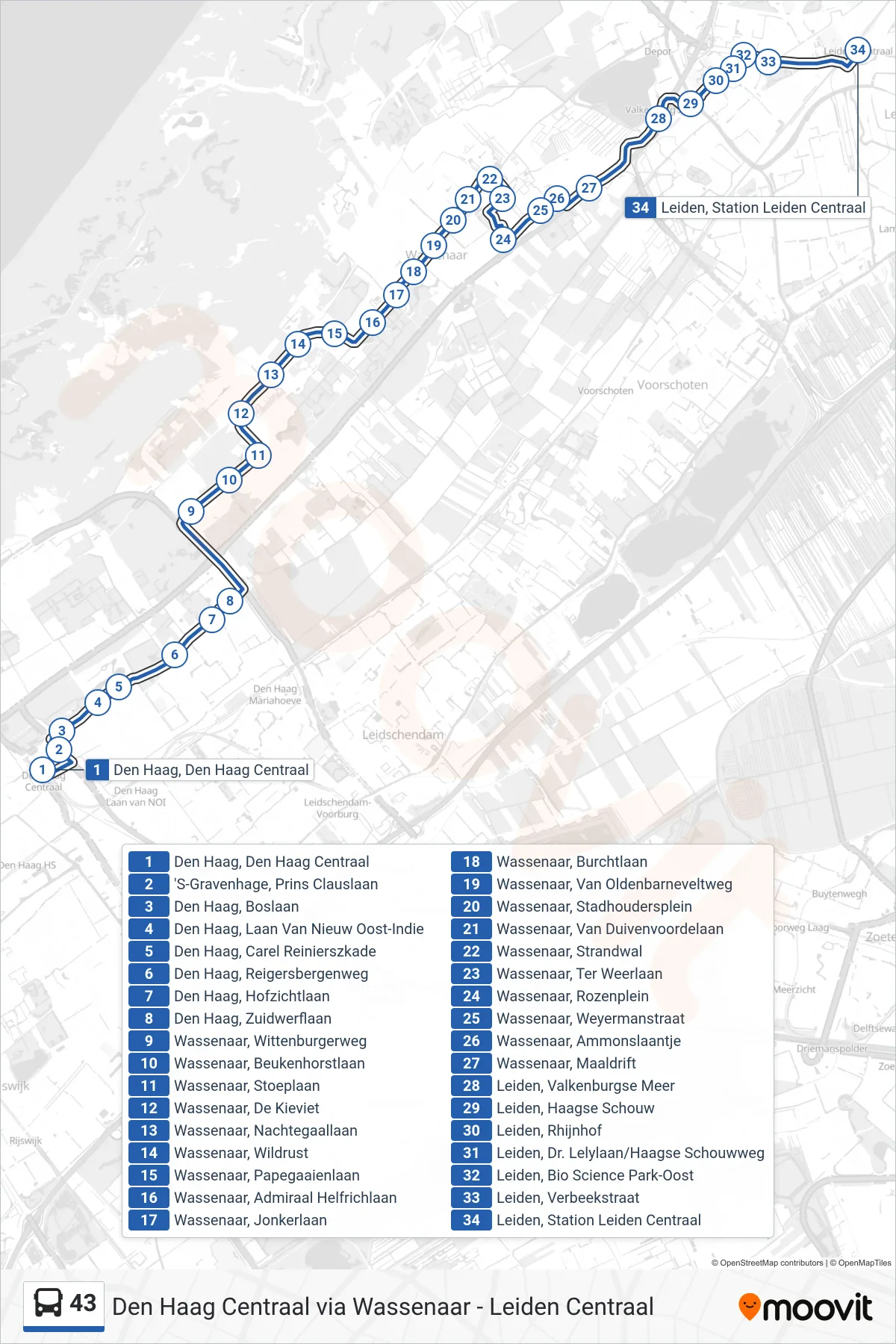 Lijn 43 (bus, Leiden Centraal): route en haltes op de kaart
