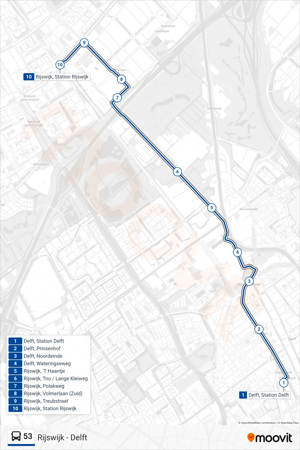 Lijn 53 (bus, Rijswijk): route en haltes op de kaart
