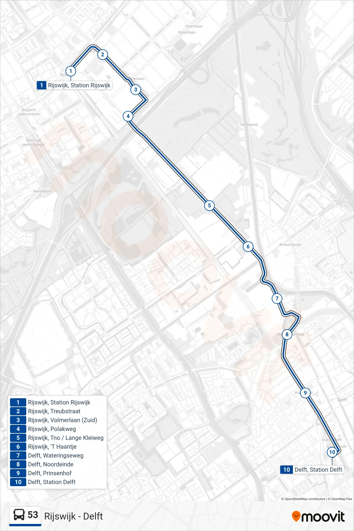 Lijn 53 (bus, Delft): route en haltes op de kaart