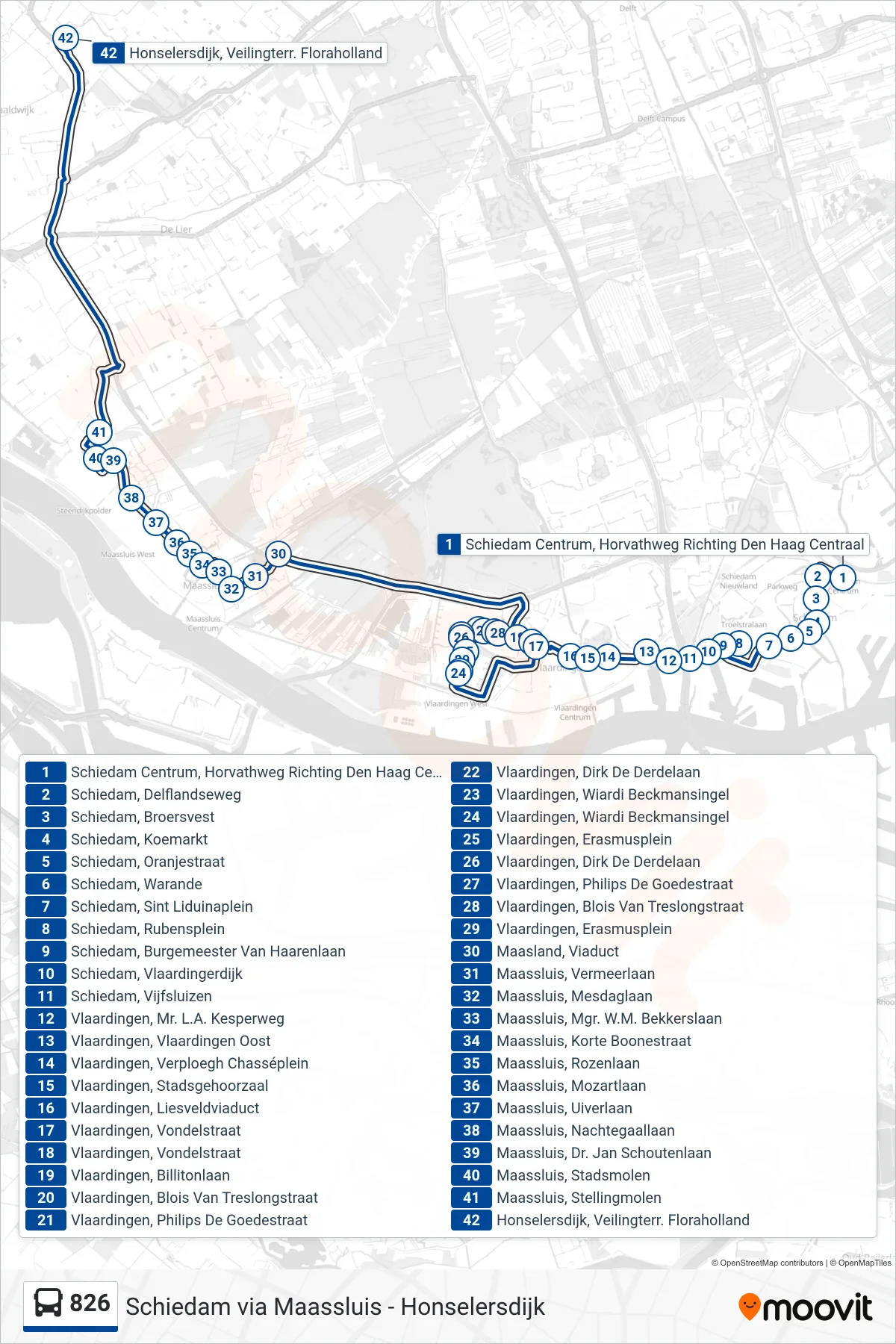 Lijn 826 (bus, Honselersdijk Bloemenveiling): route en haltes op de kaart