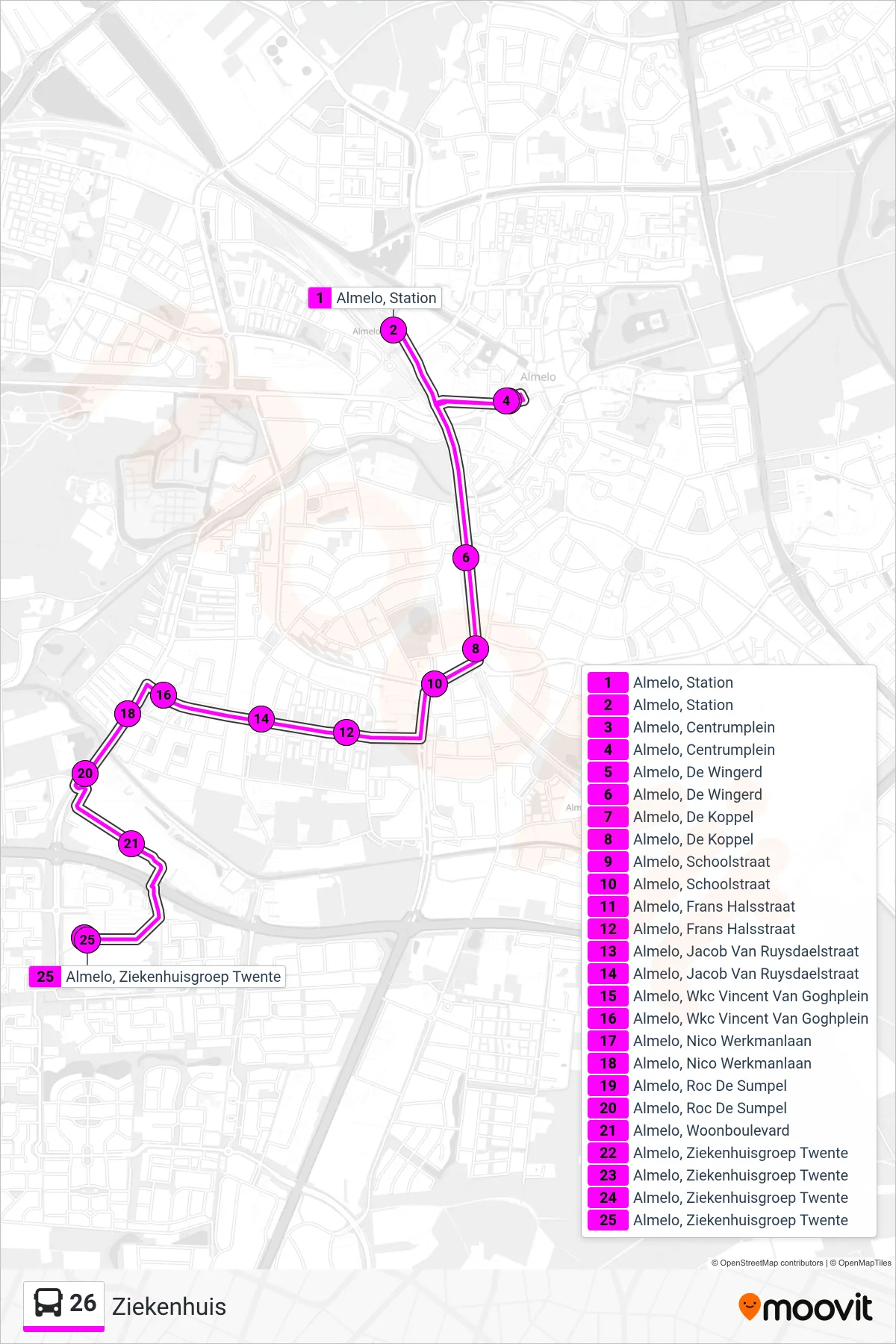 26 bus Line (Ziekenhuis) route and stops on a map