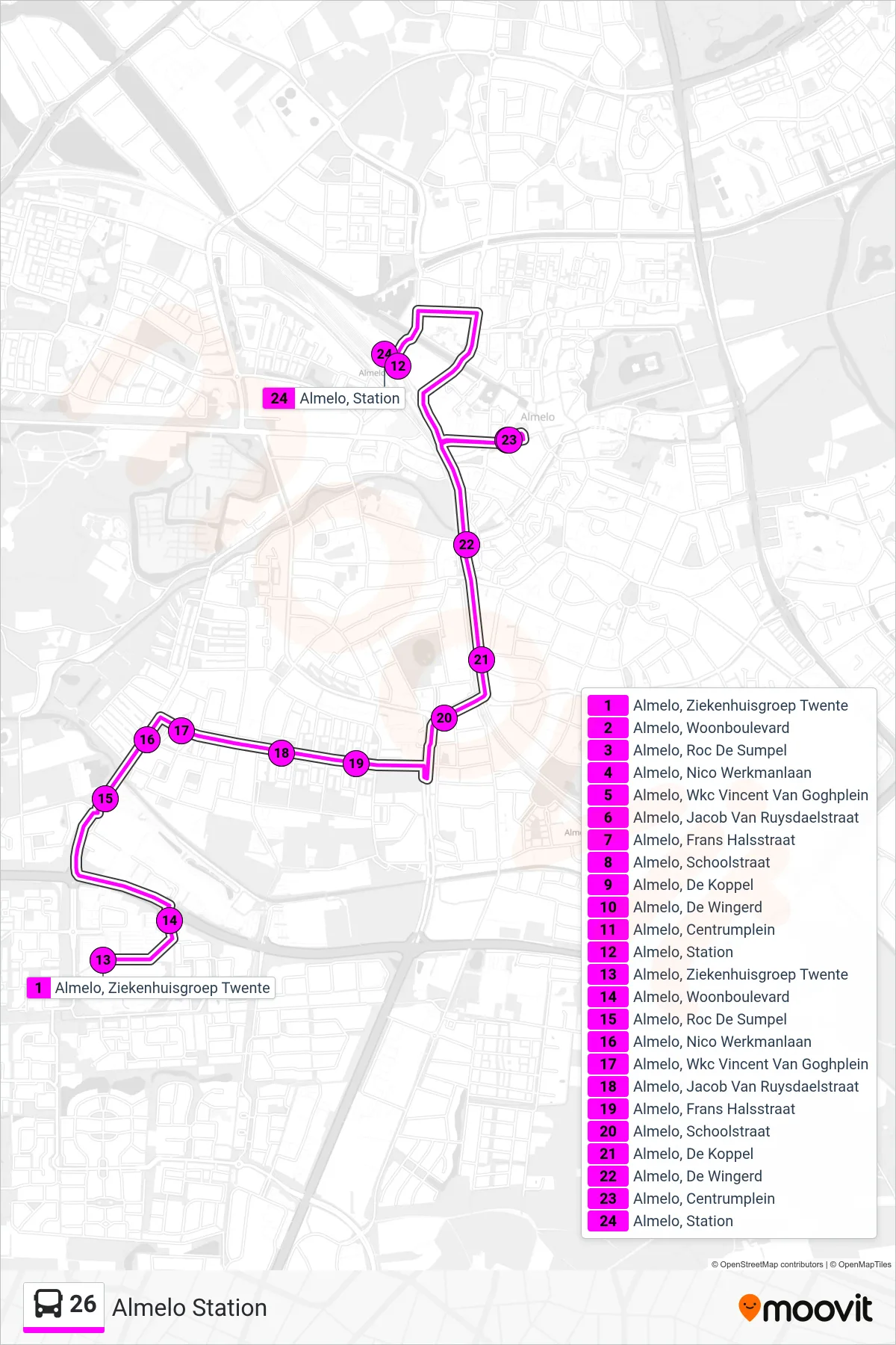 Lijn 26 (bus, Almelo Station): route en haltes op de kaart