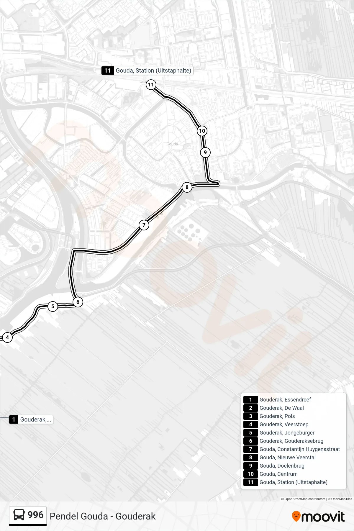 Lijn 996 (bus, Gouda Station): route en haltes op de kaart
