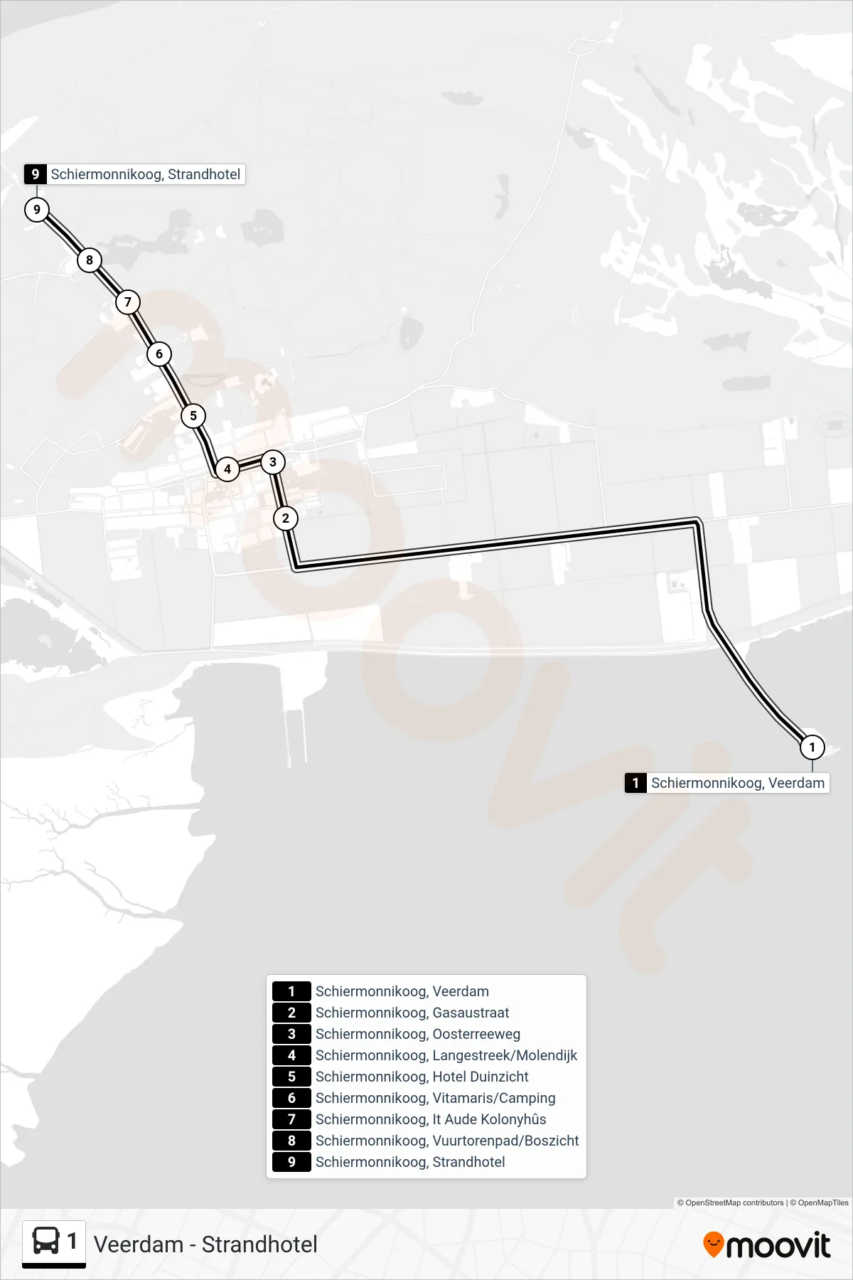 Lijn 1 (bus, Strandhotel): route en haltes op de kaart