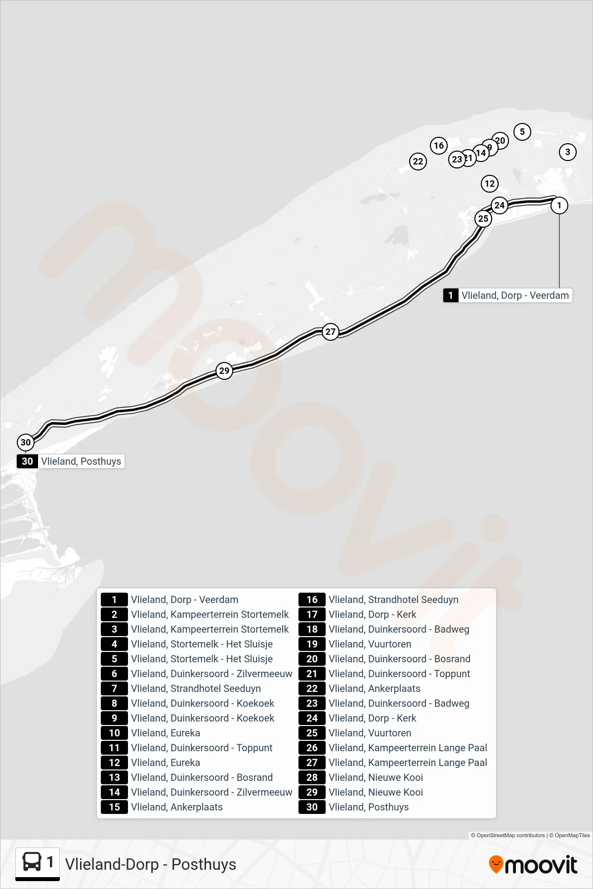 Lijn 1 (bus, Posthuys): route en haltes op de kaart