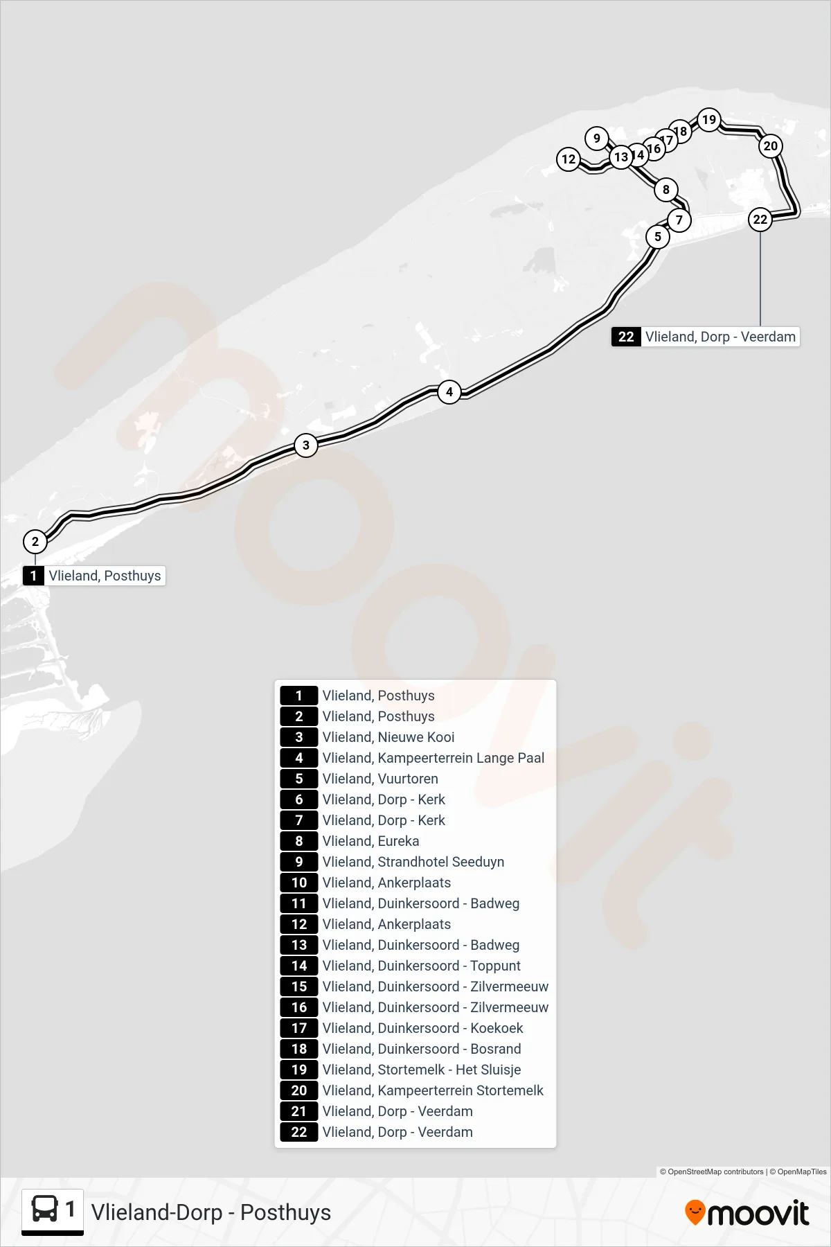 Lijn 1 (bus, Dorp Veerdam): route en haltes op de kaart