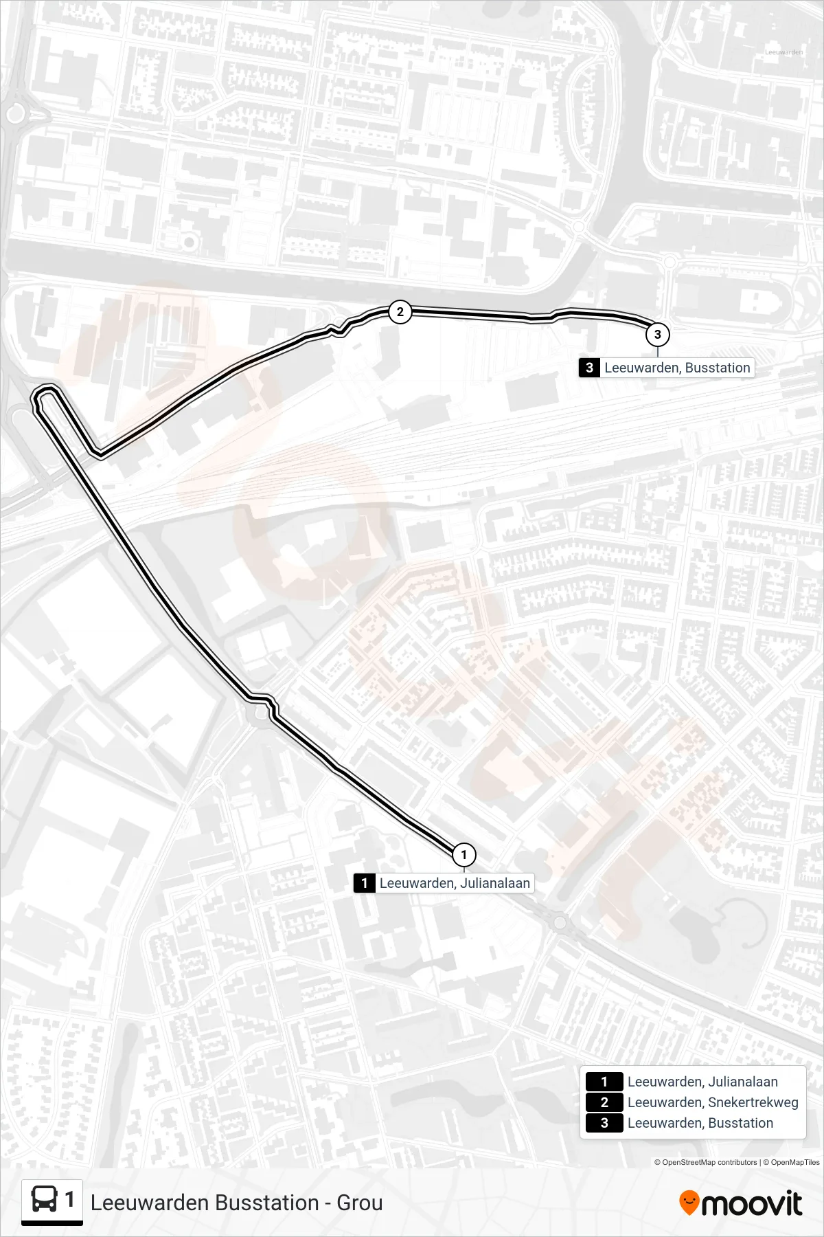 Lijn 1 (bus, Busstation): route en haltes op de kaart