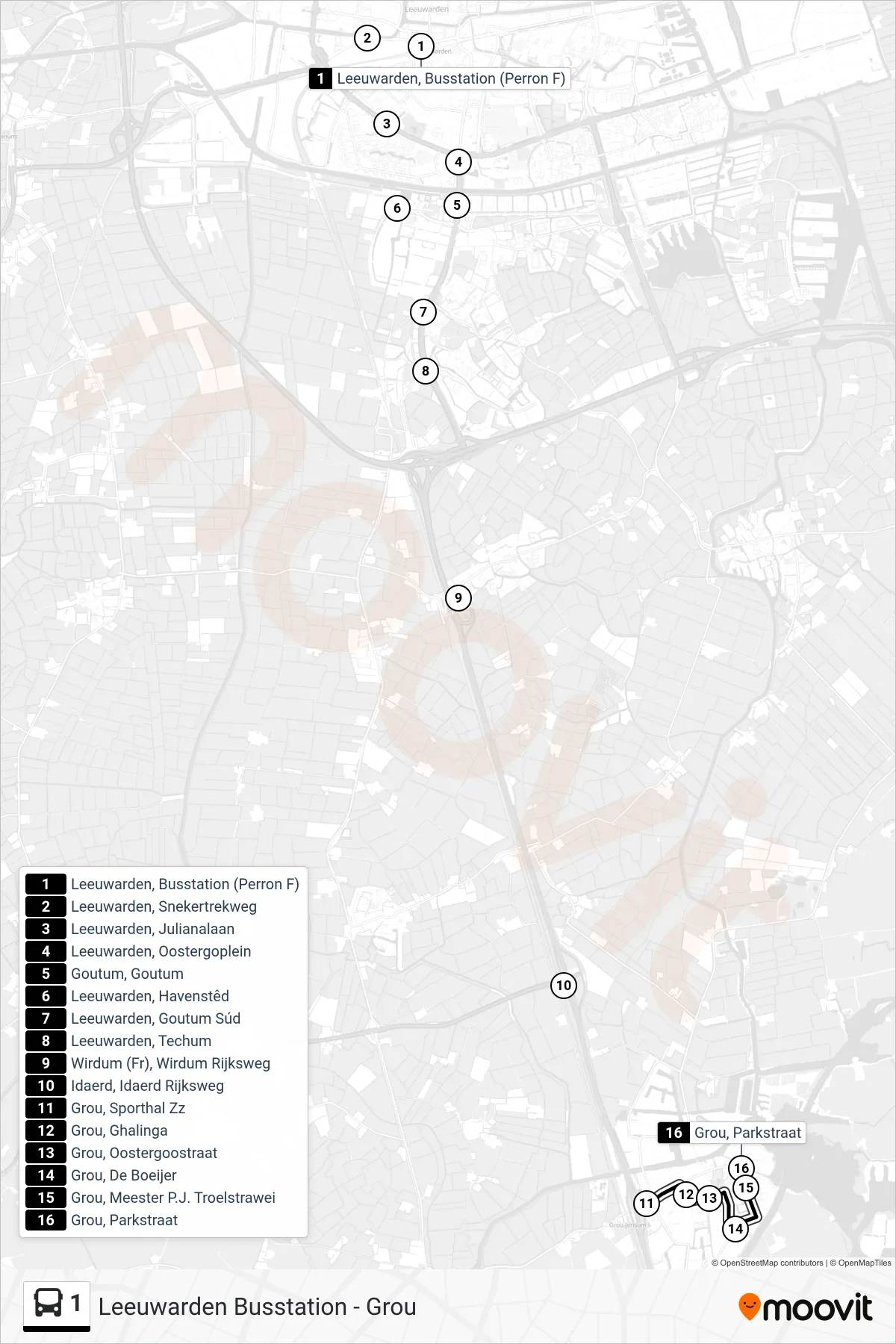 1 bus Line (Grou) route and stops on a map