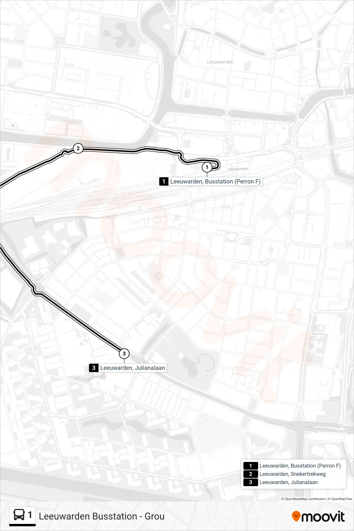 1 bus Line (Julianalaan) route and stops on a map
