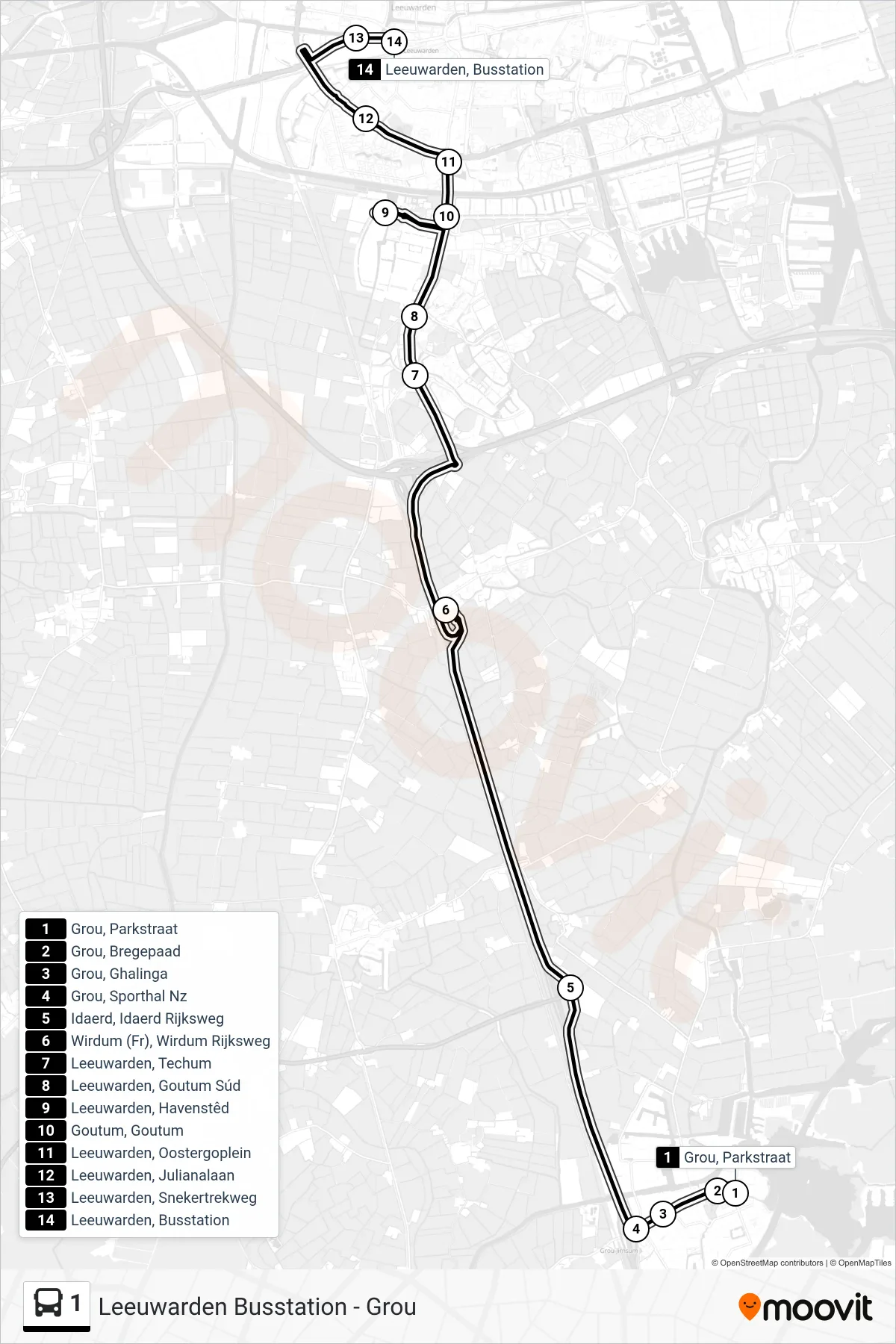 Lijn 1 (bus, Leeuwarden): route en haltes op de kaart