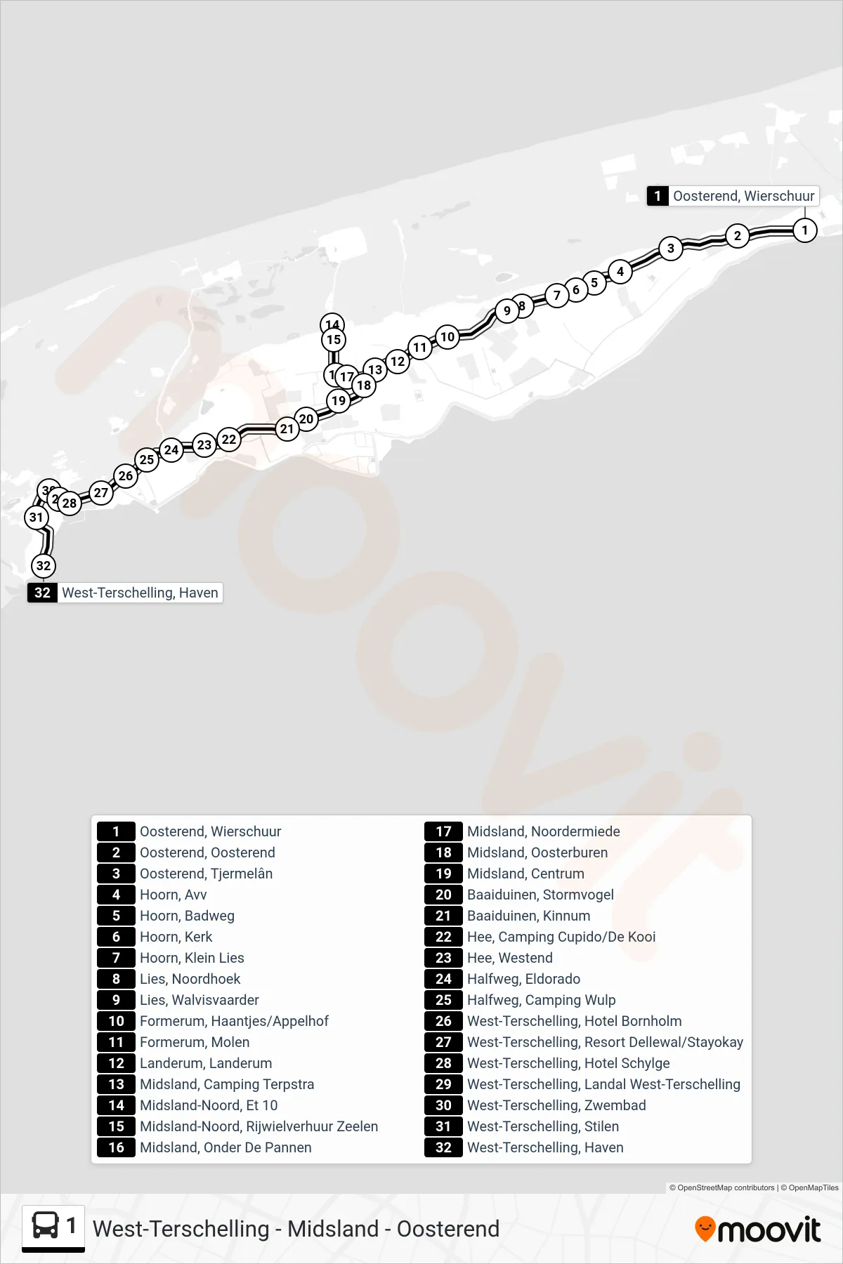 Lijn 1 (bus, West-Terschelling): route en haltes op de kaart
