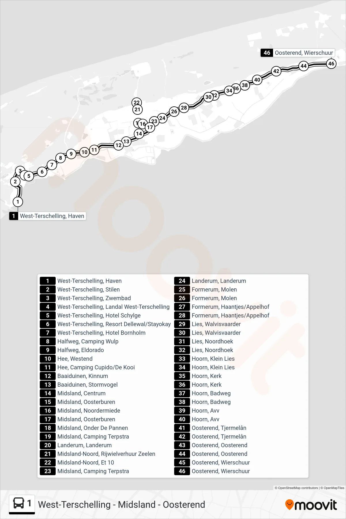 Lijn 1 (bus, Oosterend): route en haltes op de kaart