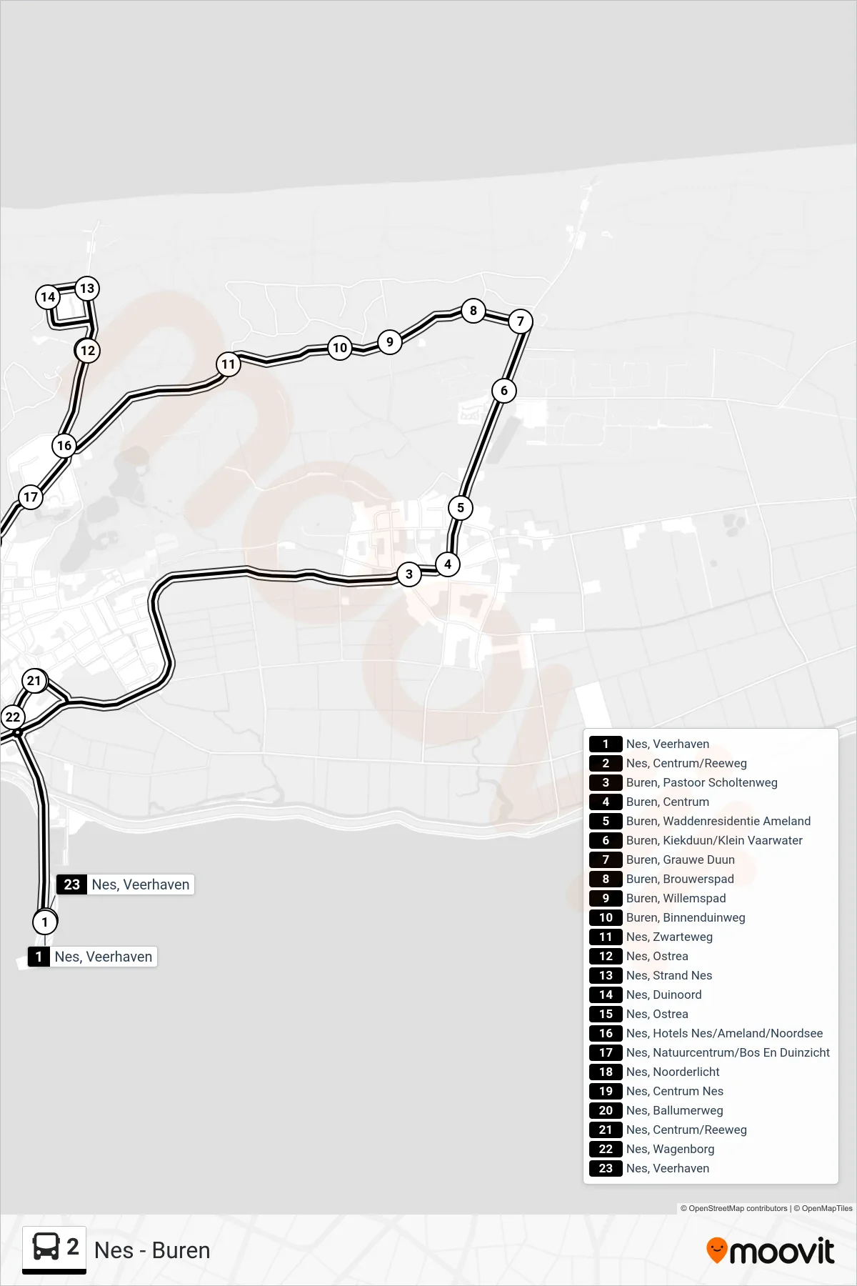 Lijn 2 (bus, Nes - Buren): route en haltes op de kaart