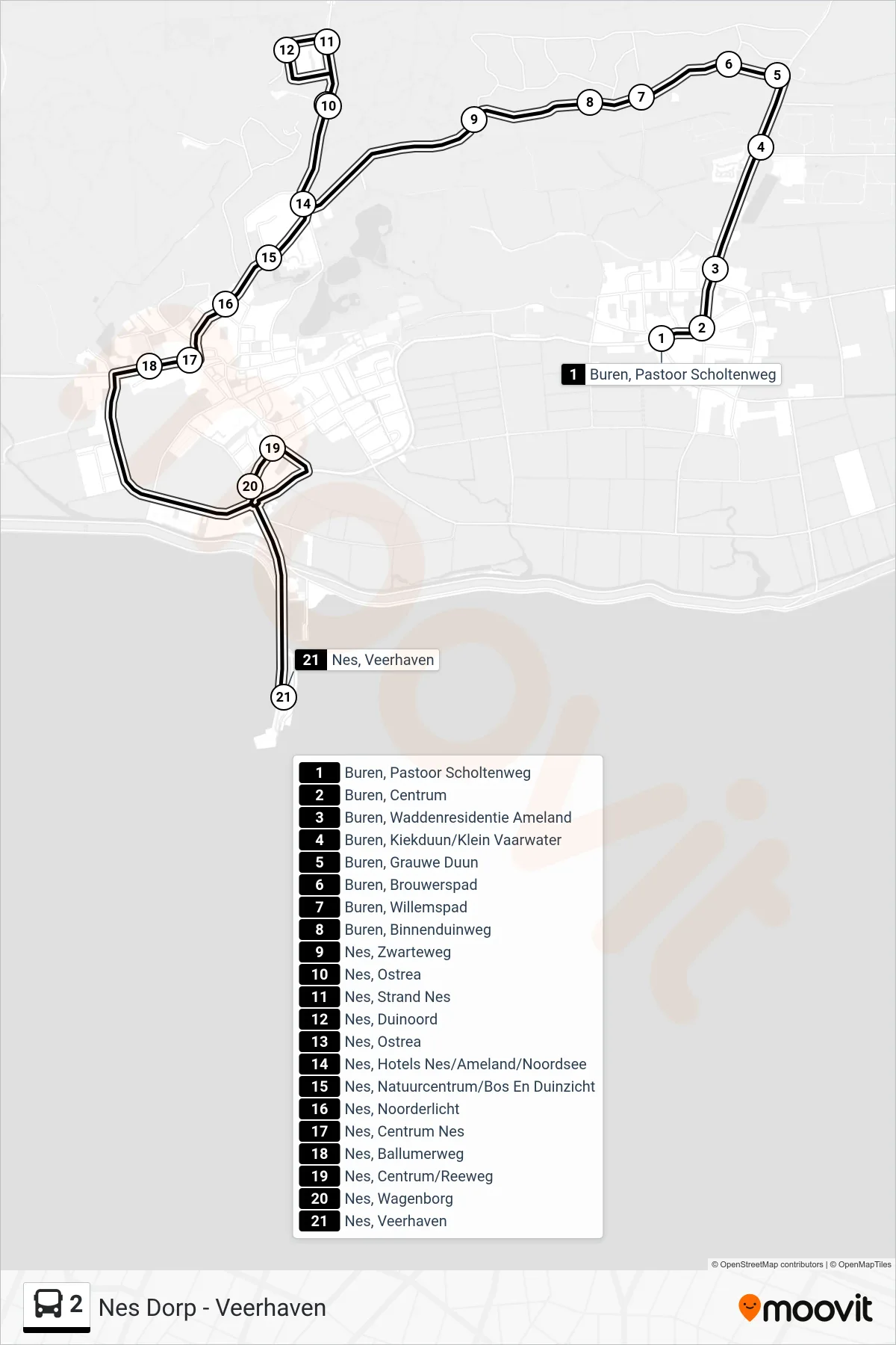 Lijn 2 (bus, Nes Dorp - Veerhaven): route en haltes op de kaart