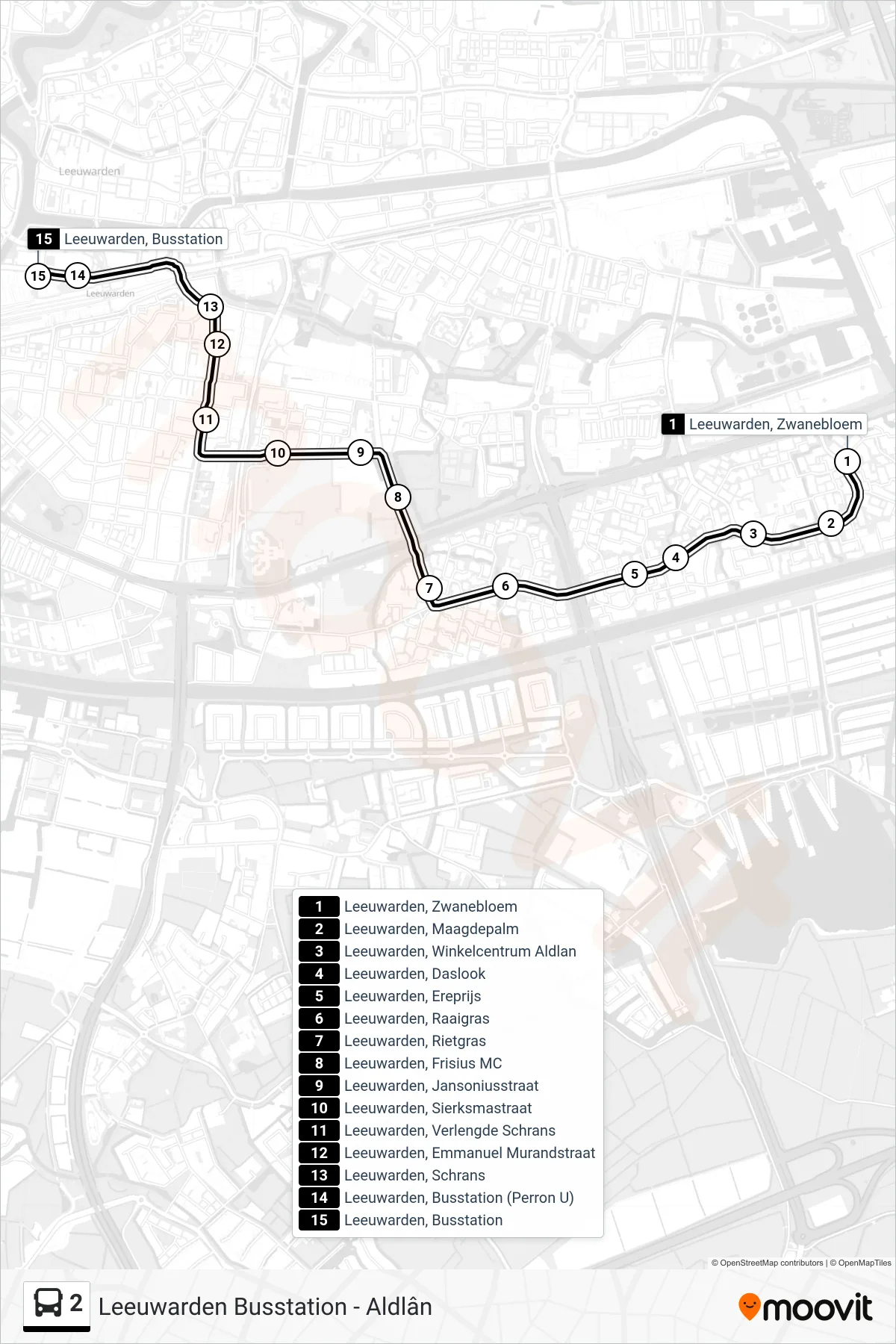 Lijn 2 (bus, Busstation): route en haltes op de kaart