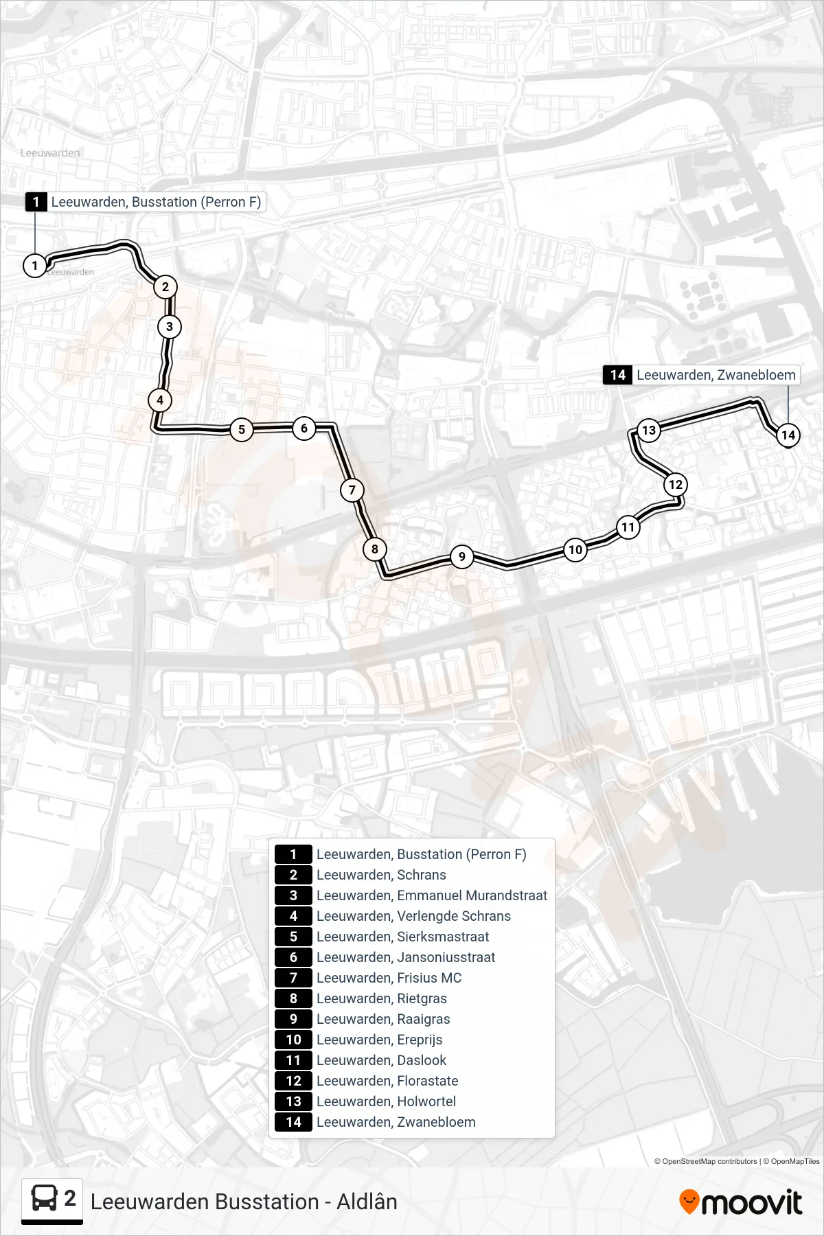 Lijn 2 (bus, Aldlân): route en haltes op de kaart
