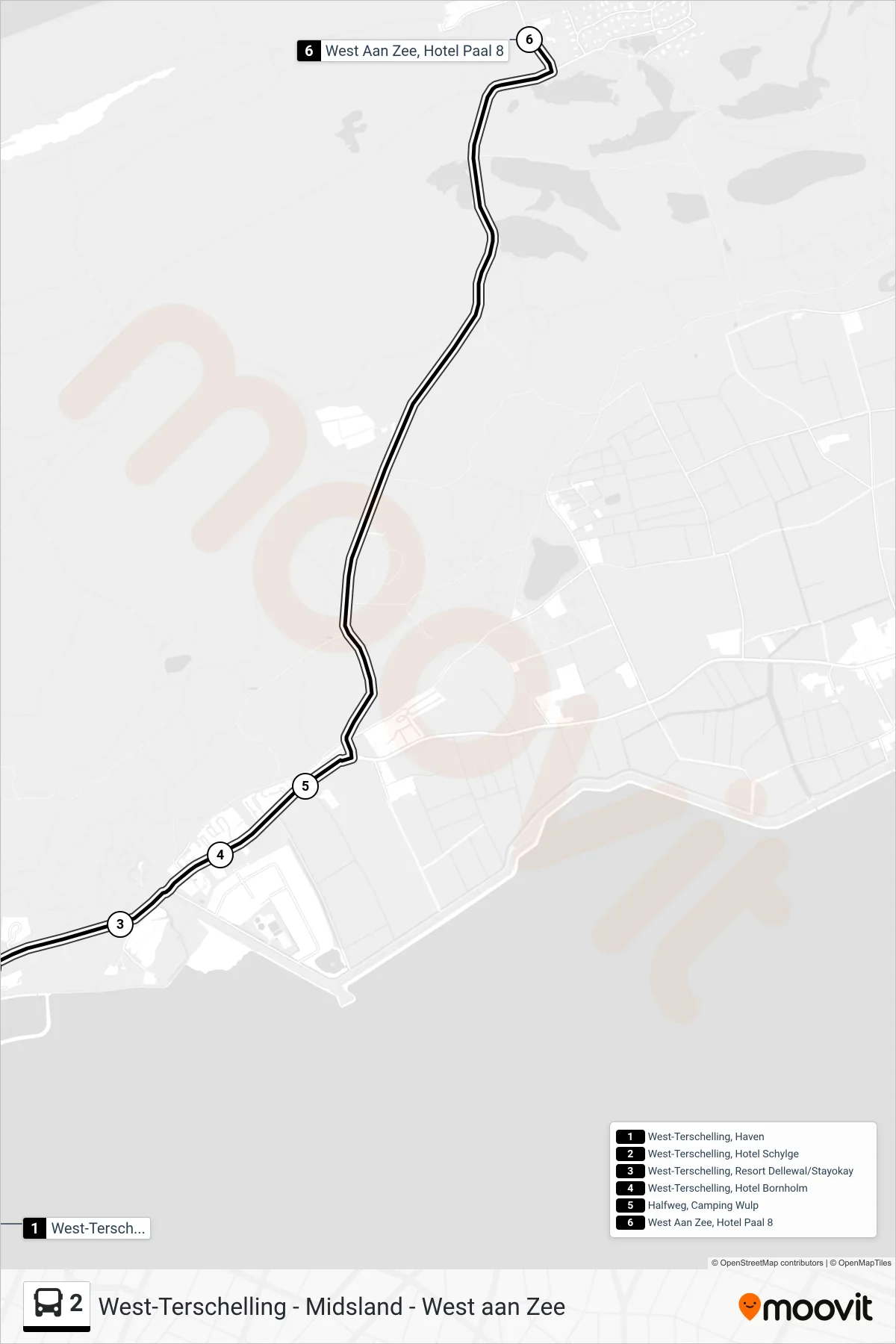 Lijn 2 (bus, West Aan Zee): route en haltes op de kaart