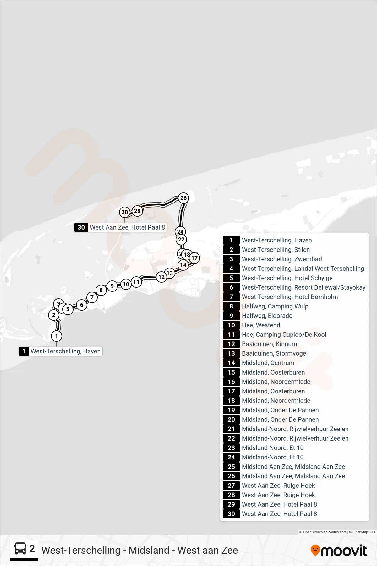 Lijn 2 (bus, West Aan Zee Paal 8): route en haltes op de kaart